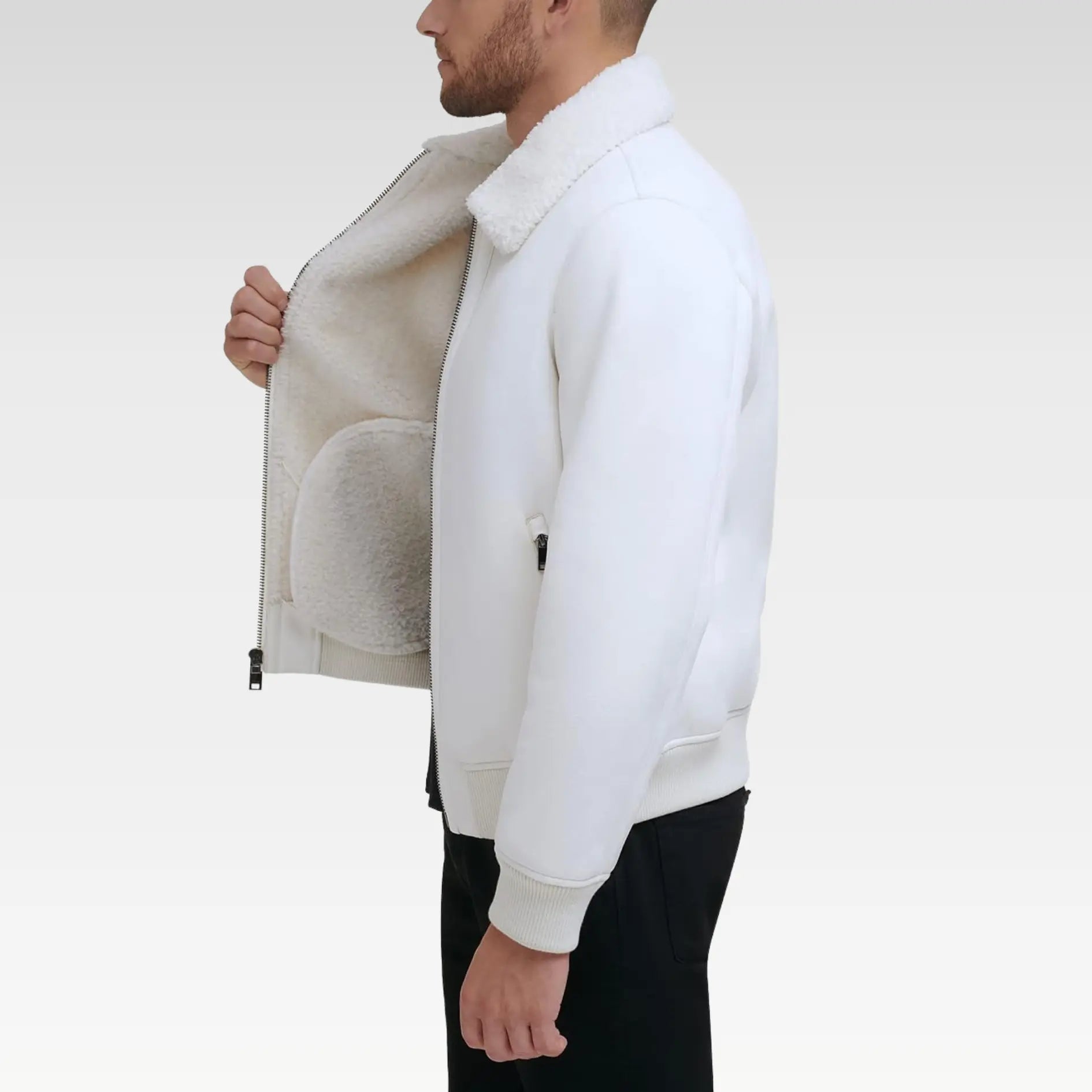 Men's Shearling Bomber Jacket with Fur Collar and Fur Coat