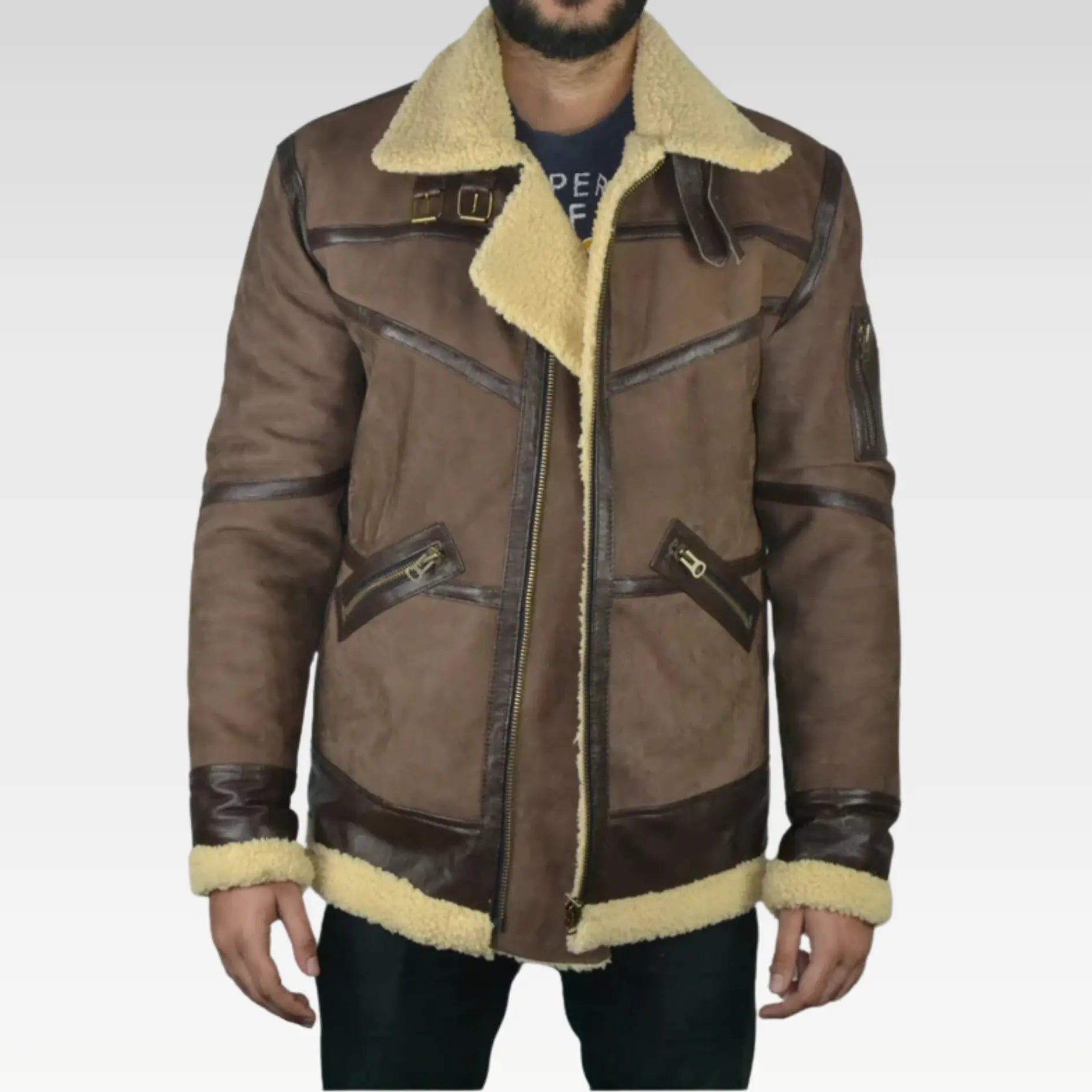 Men's Shearling Fur Bomber Brown Suede Leather Jacket