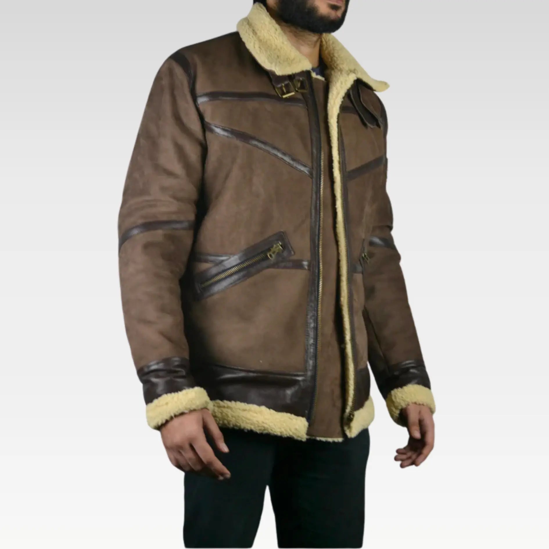 Men's Shearling Fur Bomber Brown Suede Leather Jacket