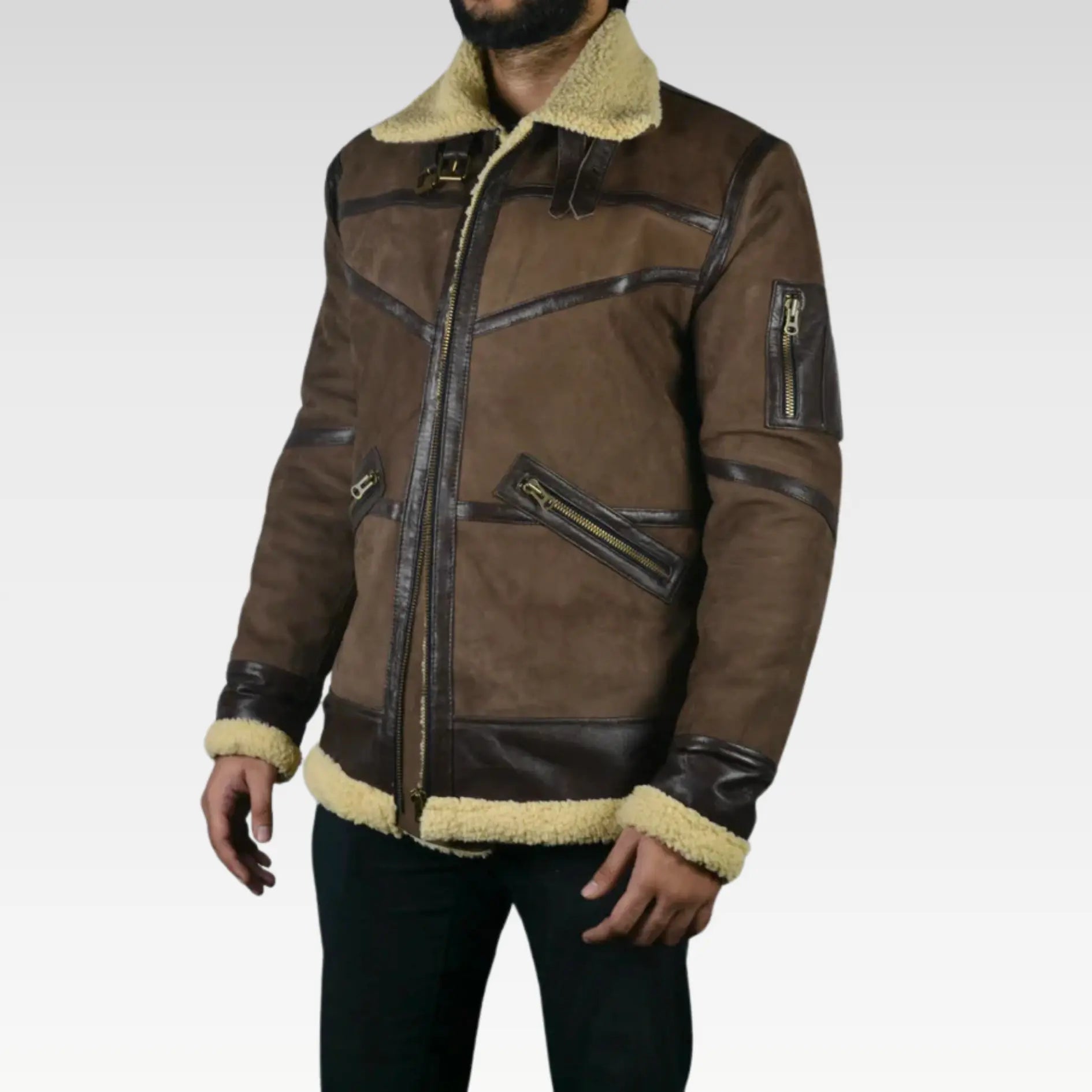 Men's Shearling Fur Bomber Brown Suede Leather Jacket