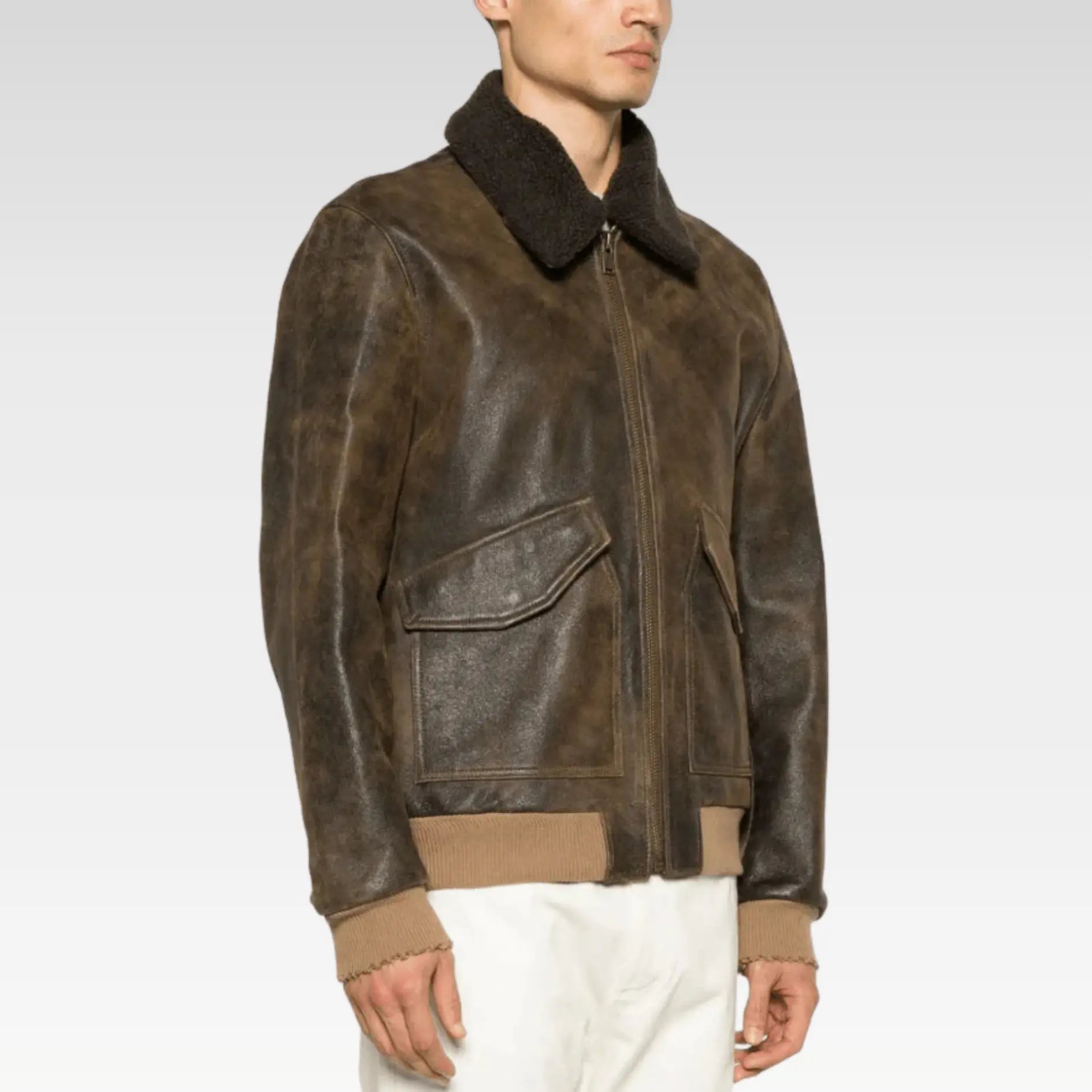 Men's Vintage Shearling Bomber Leather Jacket In Dark Brown