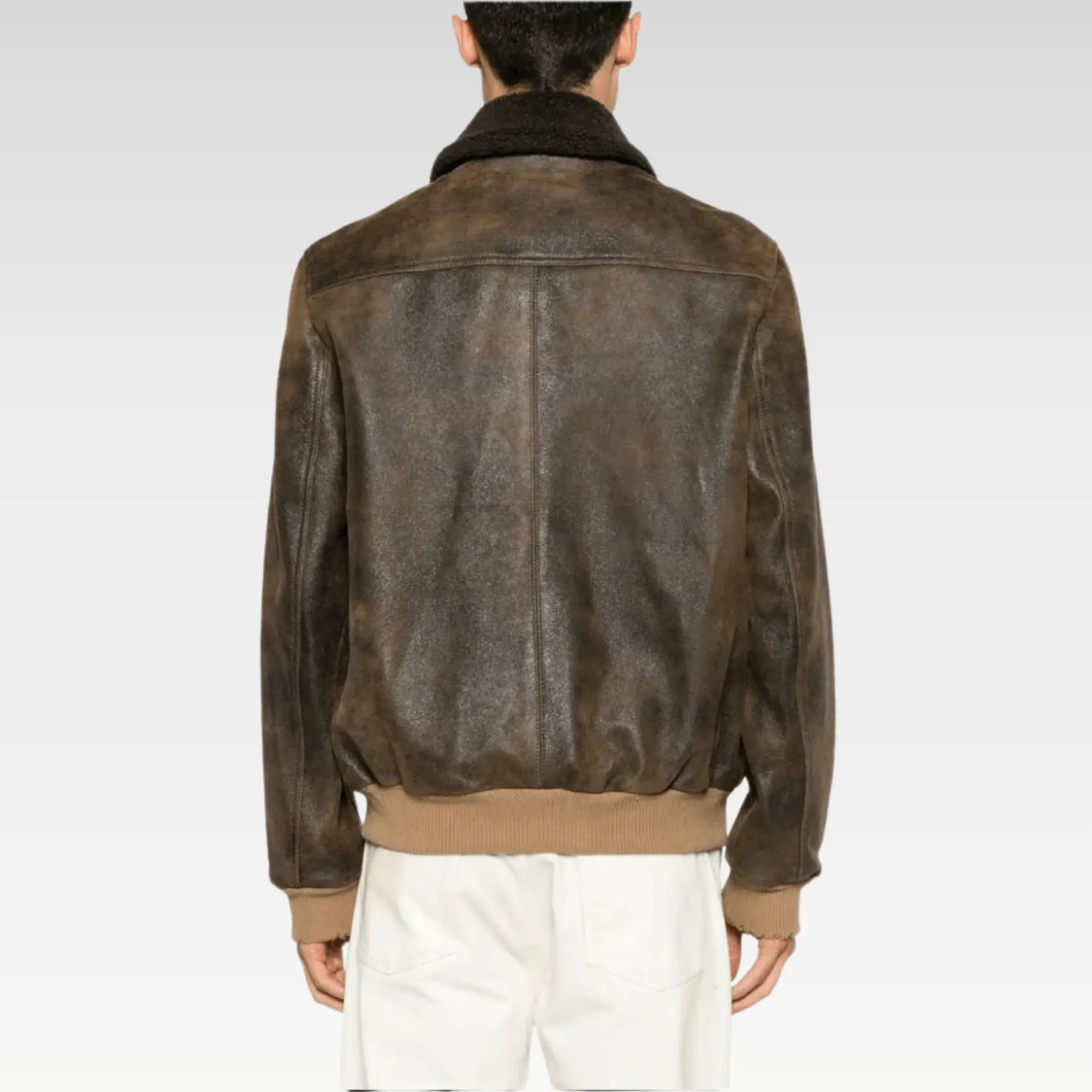 Men's Vintage Shearling Bomber Leather Jacket In Dark Brown