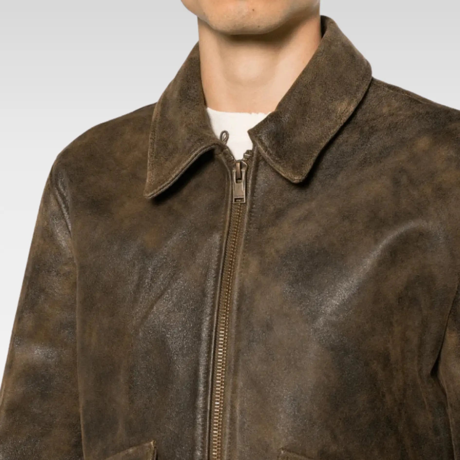 Men's Vintage Shearling Bomber Leather Jacket In Dark Brown