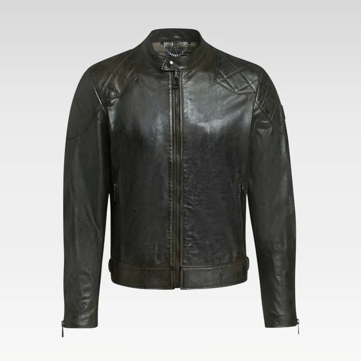 Front view of a men's black leather jacket featuring a stand collar with snap closure, zippered pockets, and a tailored design