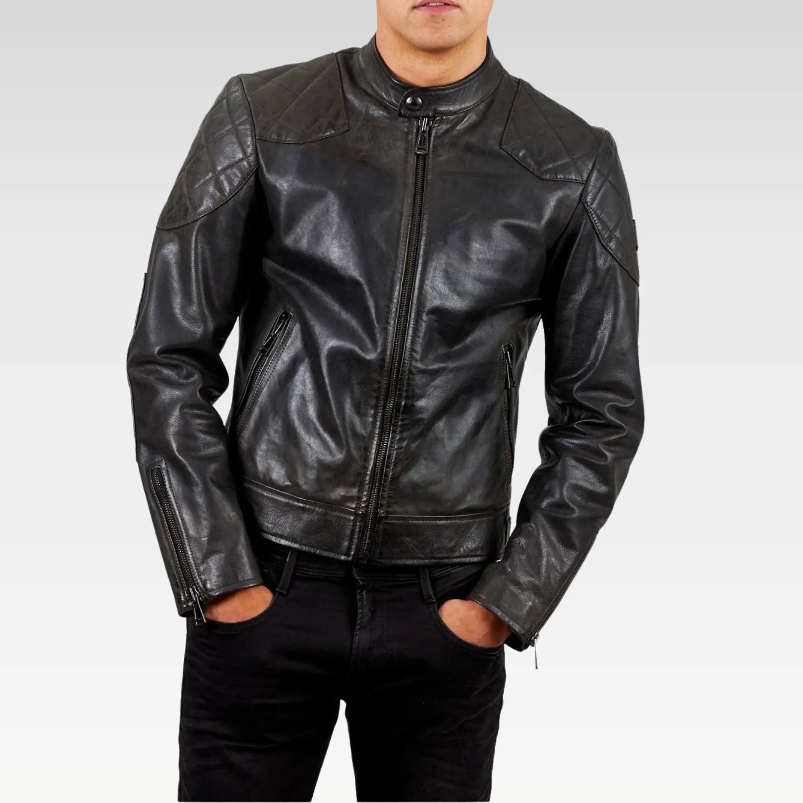 Full view of a man wearing a black leather jacket with dark jeans, demonstrating a stylish and versatile casual look.