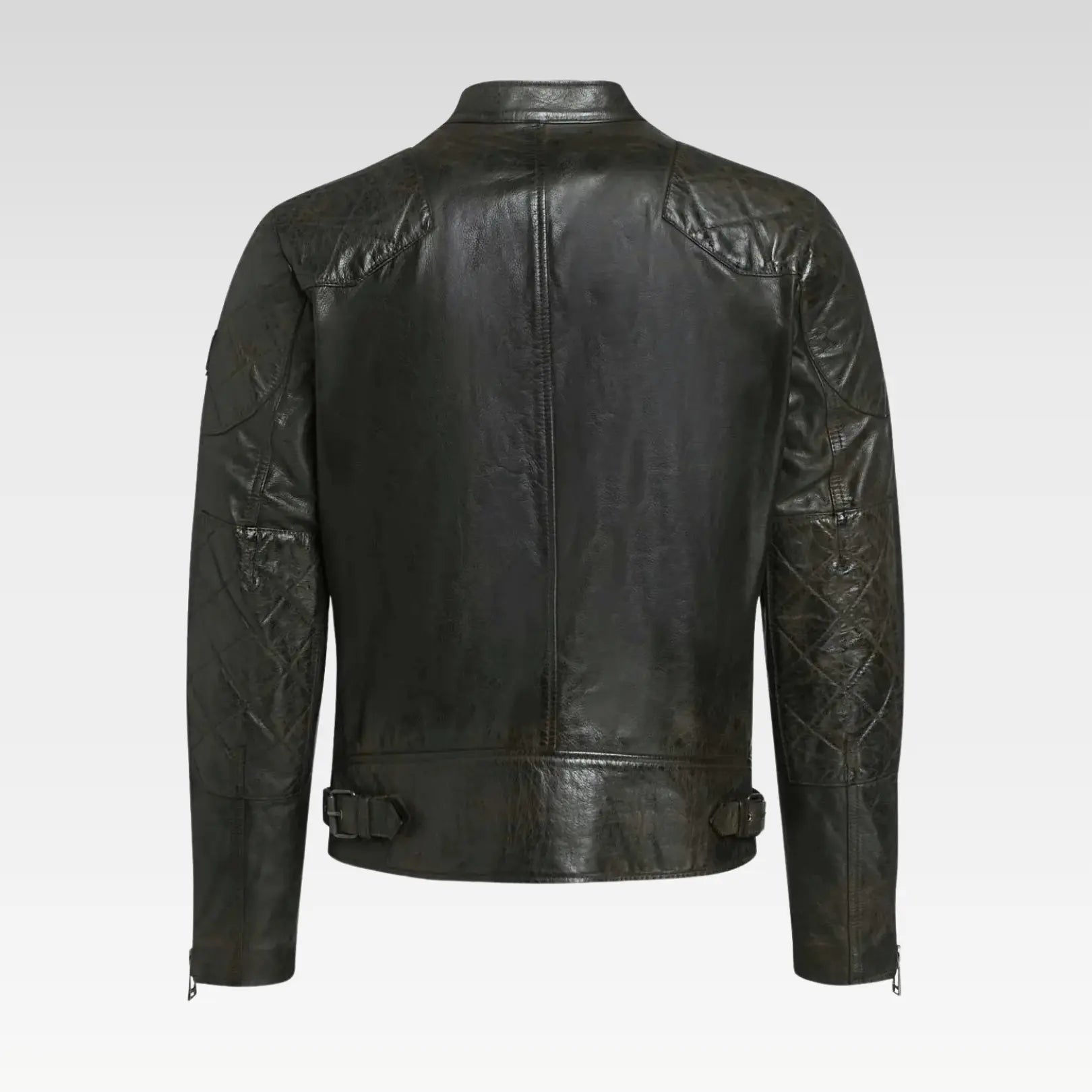 Back view of a men's black long-sleeve leather jacket, showcasing its classic fit and smooth, hand-waxed leather finish.