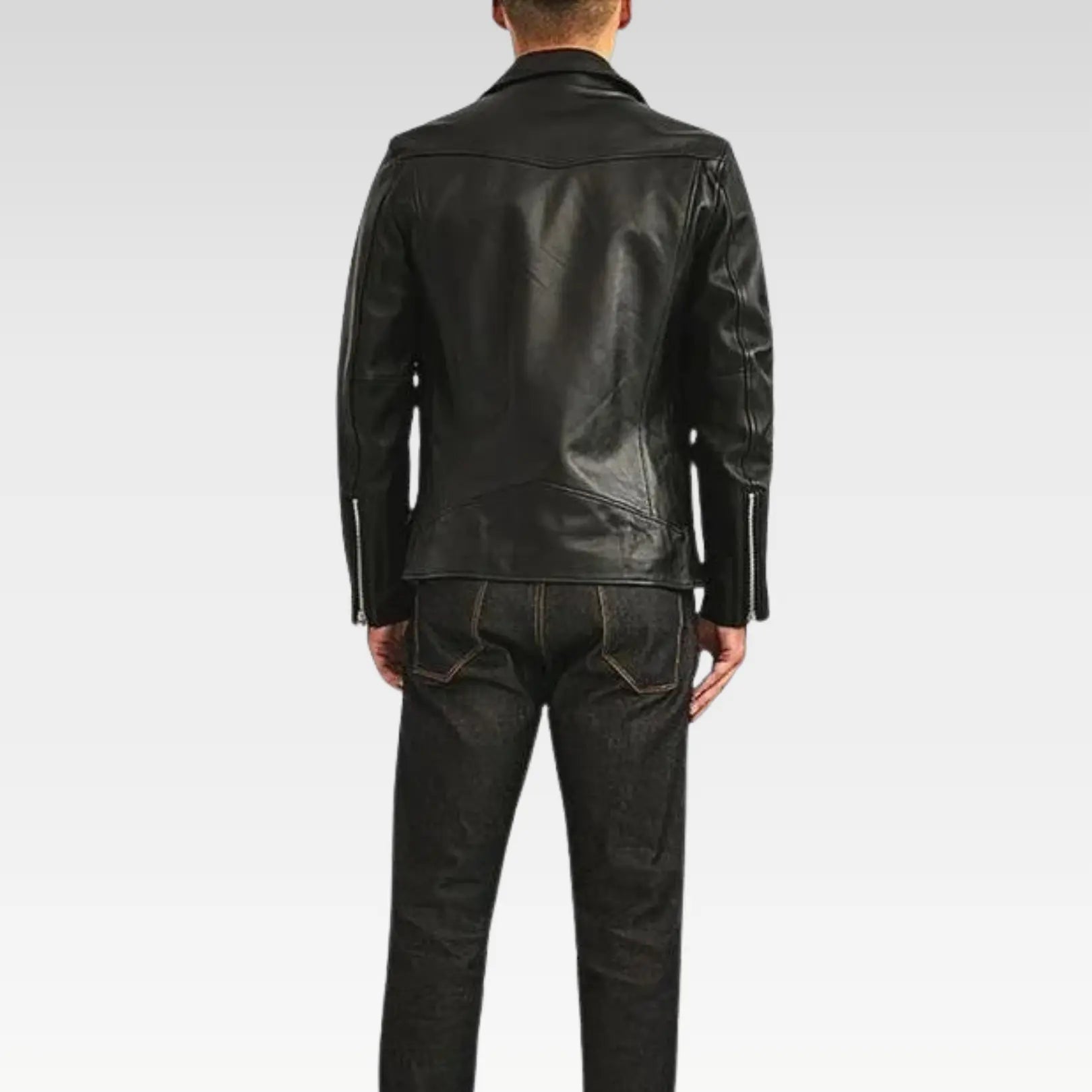 Back view of the Men’s Classic Black Biker Leather Jacket made from 100% genuine sheep leather with satin lining.