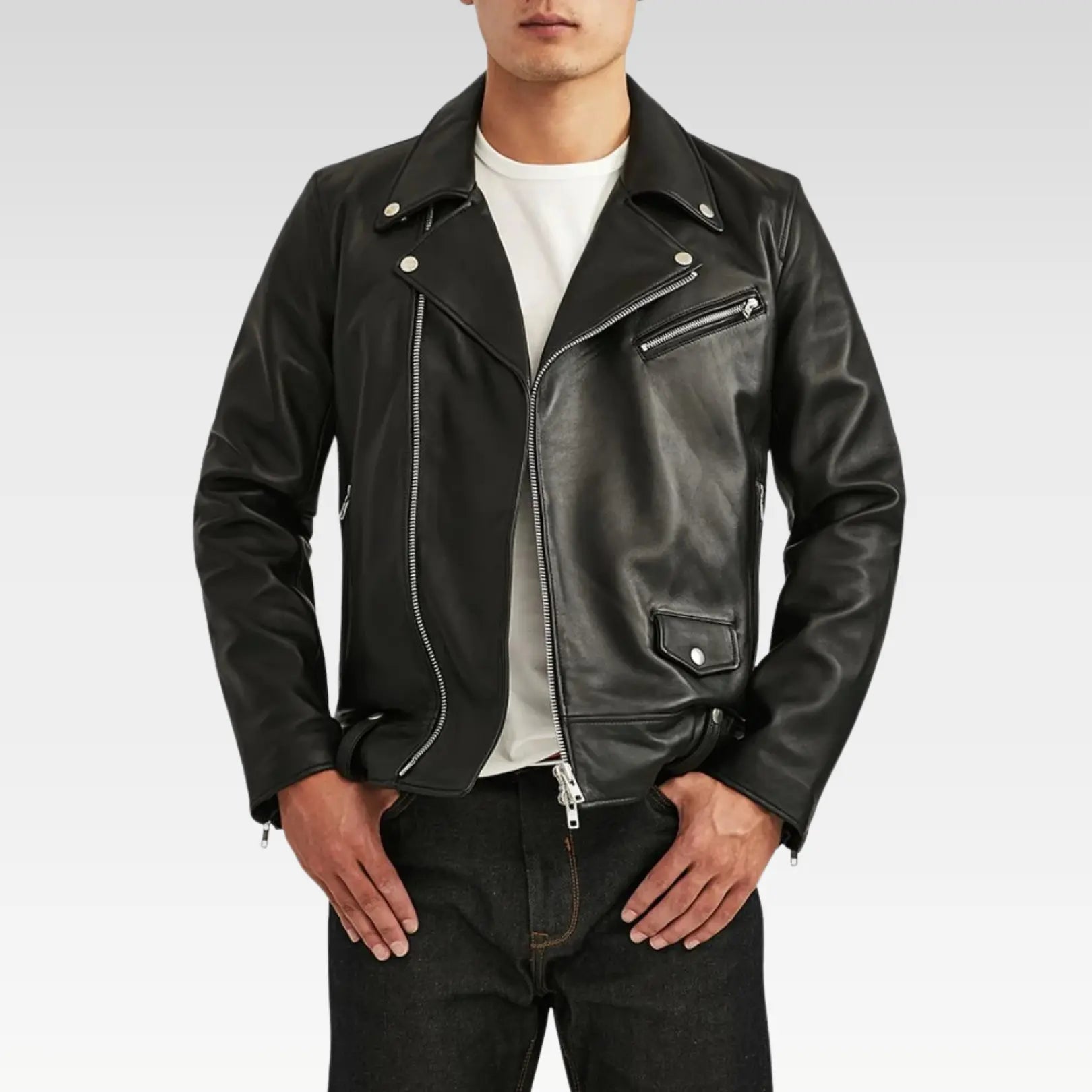Front view of the Men’s Classic Black Biker Leather Jacket featuring asymmetrical YKK zip, sharp lapel collar, and chest pocket.