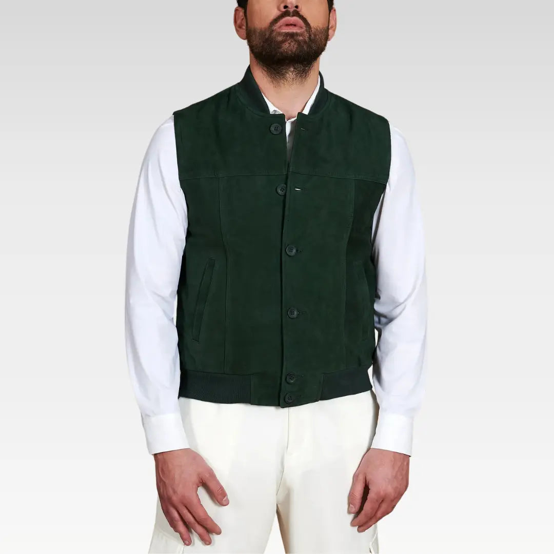 Slim fit green suede vest for men with front button closure and welt pockets.