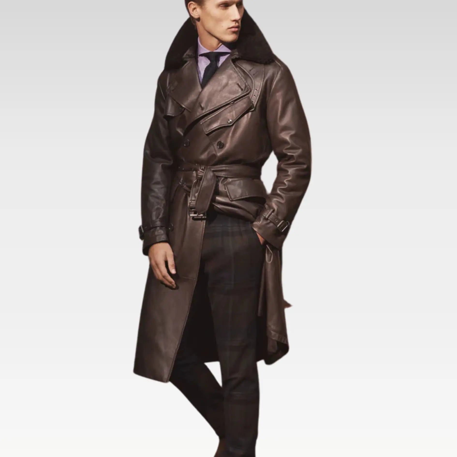 Mens Aviator World War Brown Double Breasted Genuine Leather Trench Coat