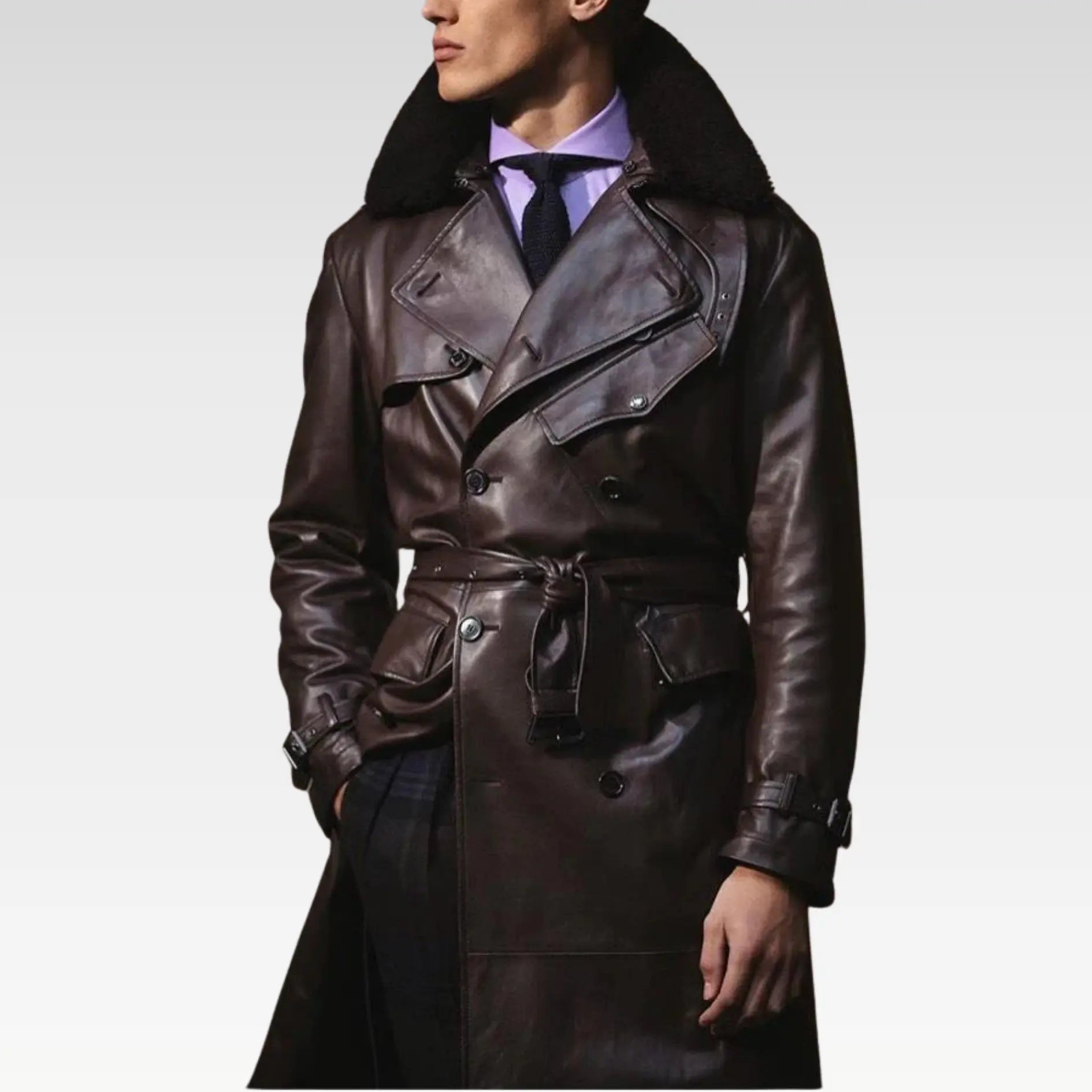 Mens Aviator World War Brown Double Breasted Genuine Leather Trench Coat