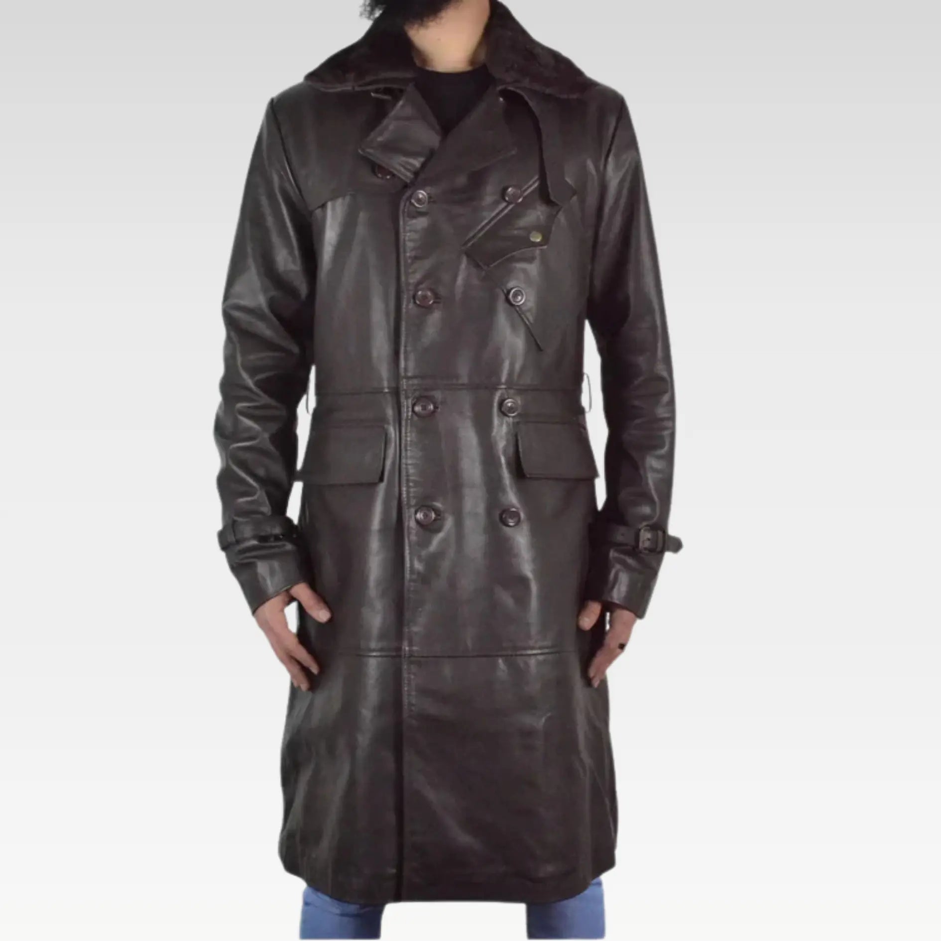 Mens Aviator World War Brown Double Breasted Genuine Leather Trench Coat