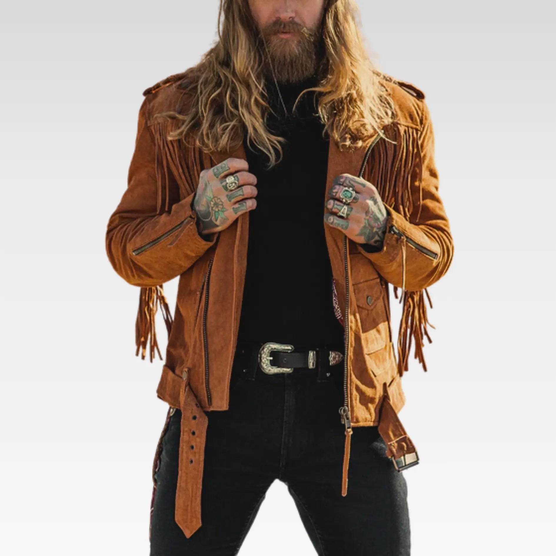 Mens Brown Fringes Suede Leather Cowboy Jacket