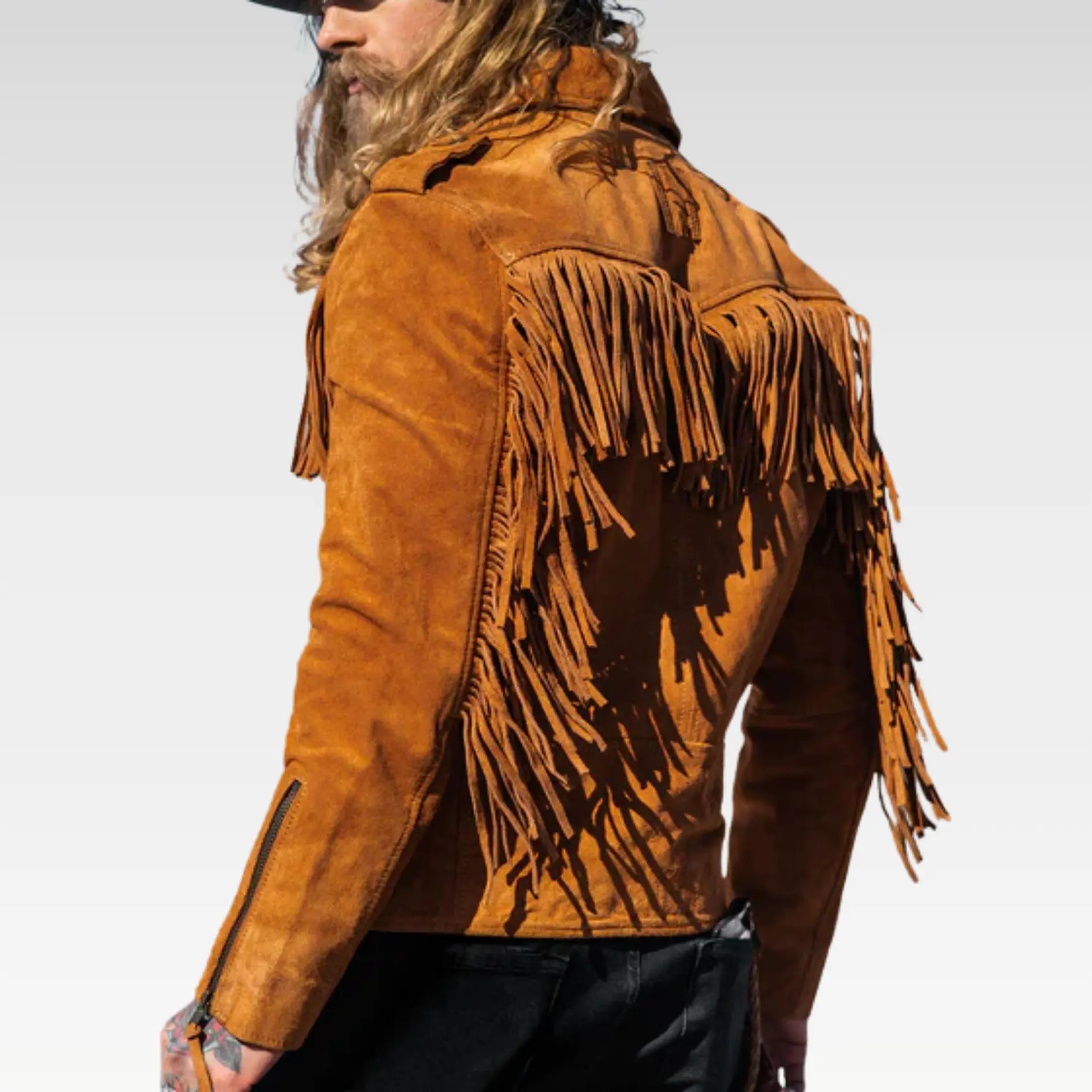 Mens Brown Fringes Suede Leather Cowboy Jacket