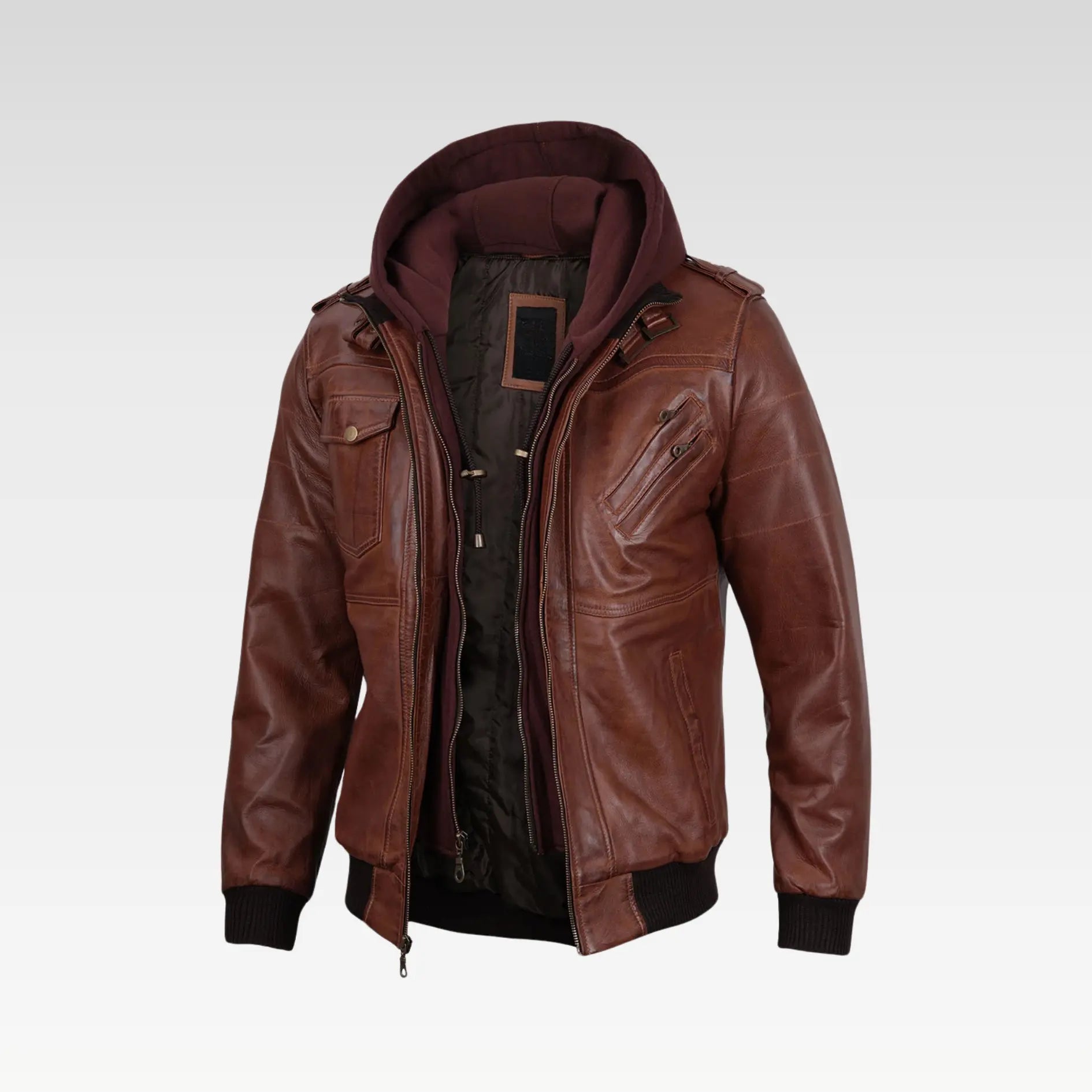 Mens Brown Leather Bomber Jacket With Removable Hood