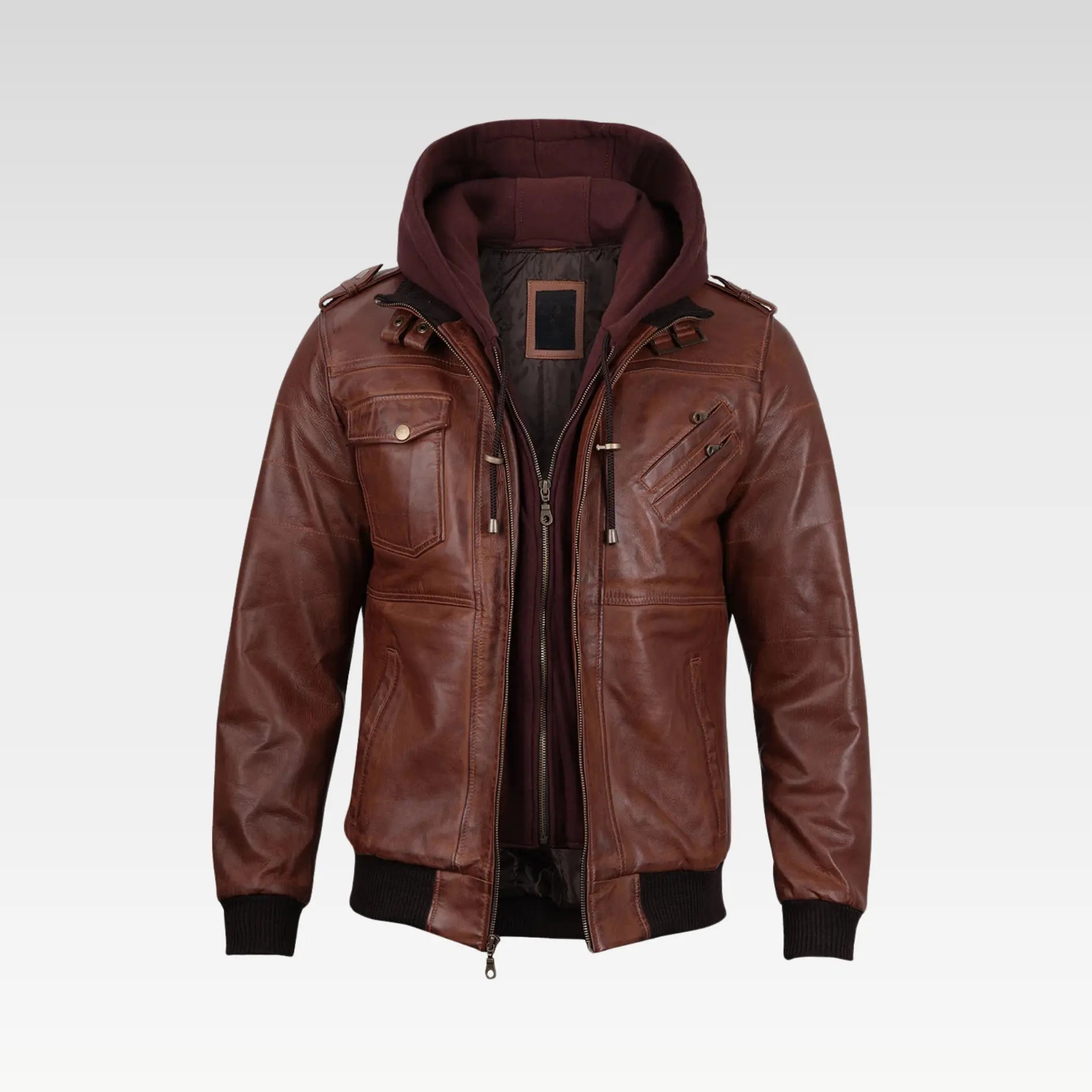 Mens Brown Leather Bomber Jacket With Removable Hood