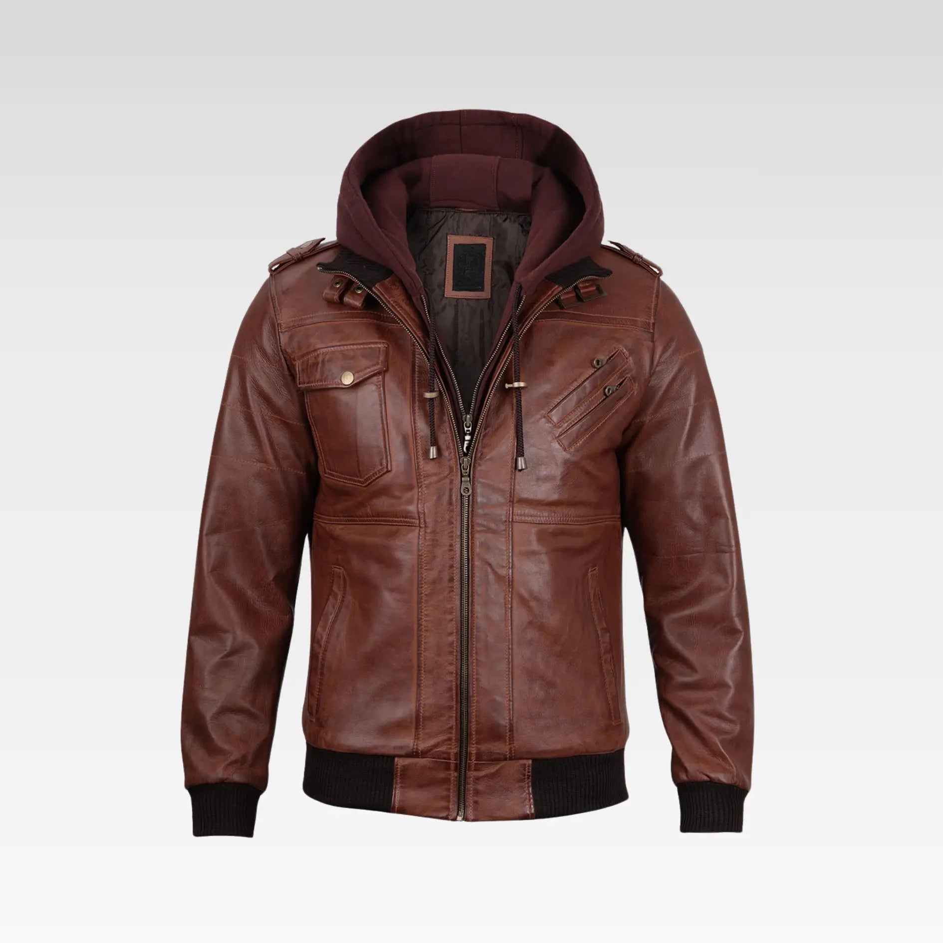 Mens Brown Leather Bomber Jacket With Removable Hood