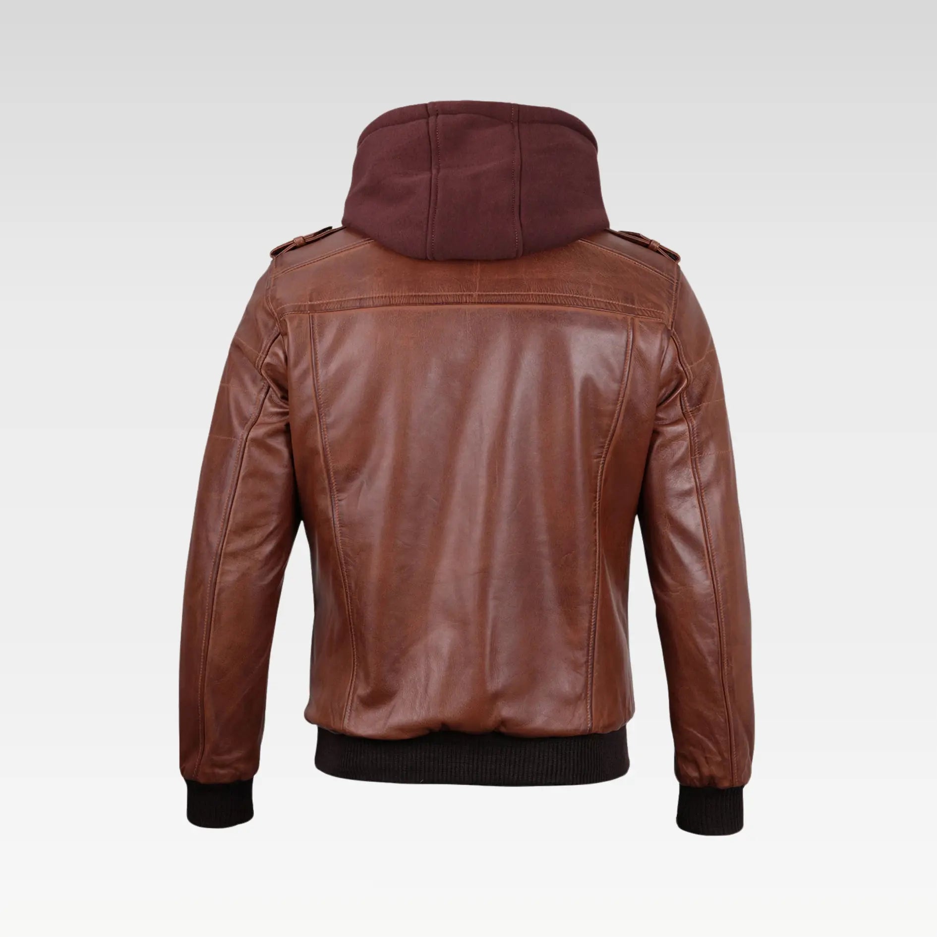 Mens Brown Leather Bomber Jacket With Removable Hood