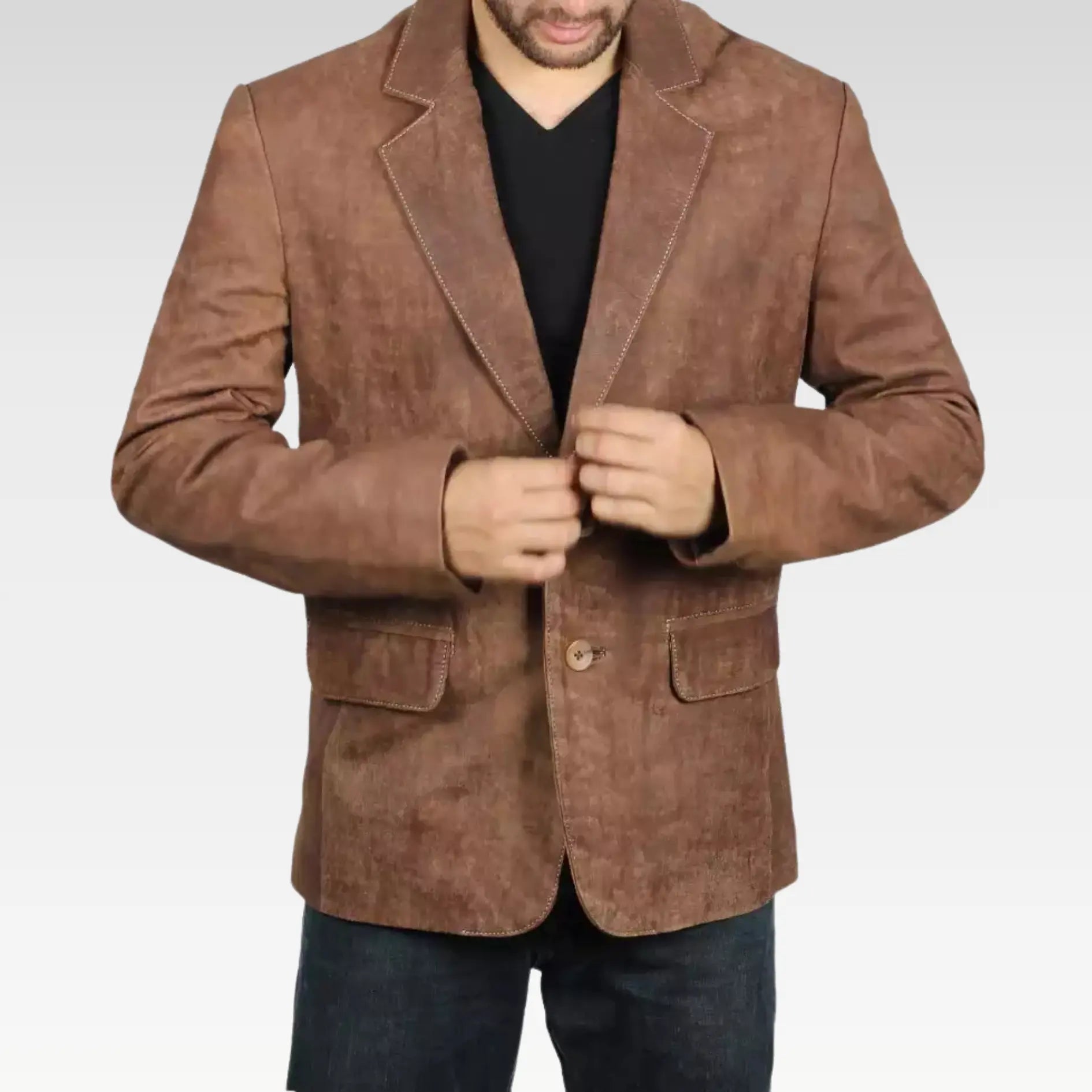 Mens Exclusive Two Button Real Leather Brown Blazer