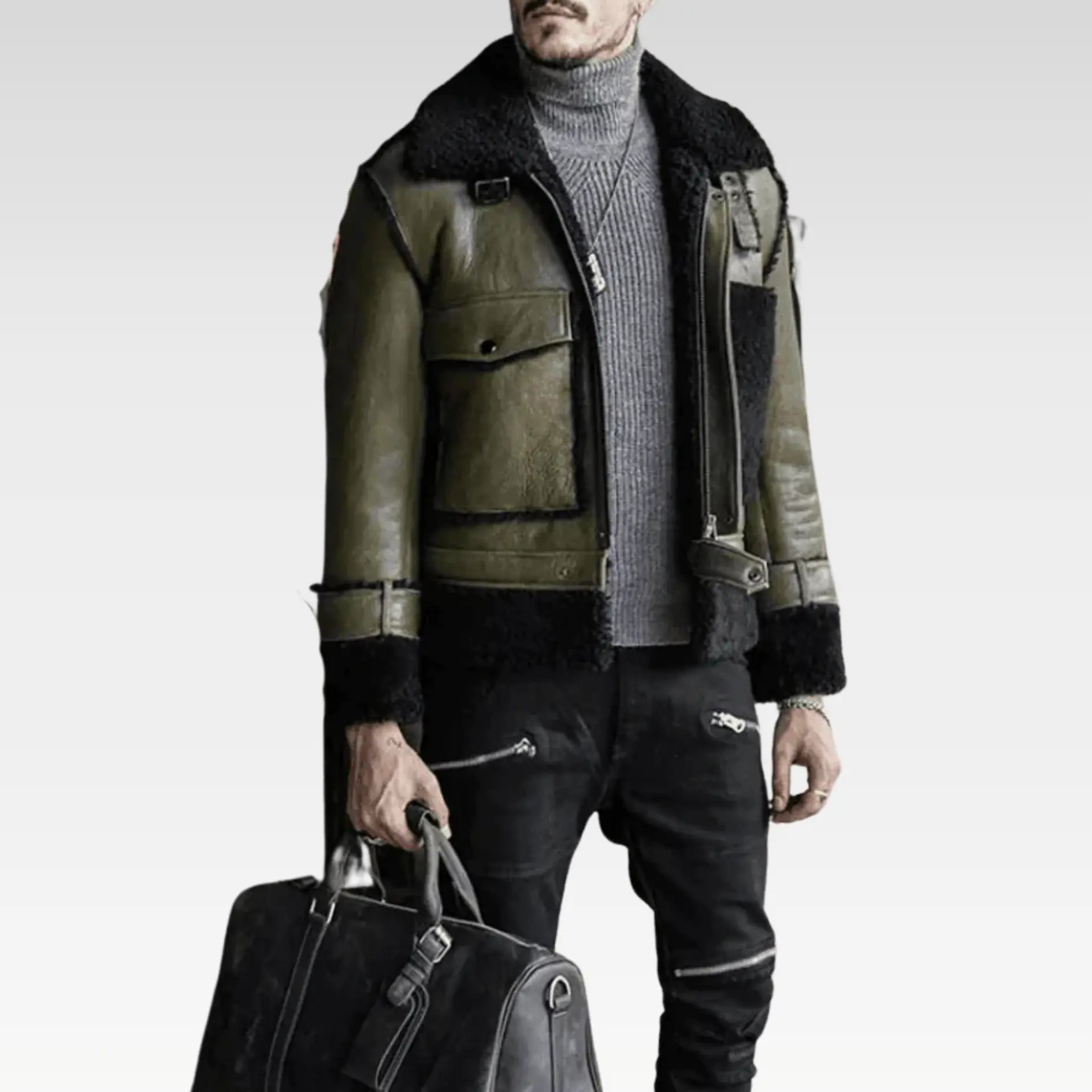 Mens Green RAF Sheepskin Shearling Aviator Jacket