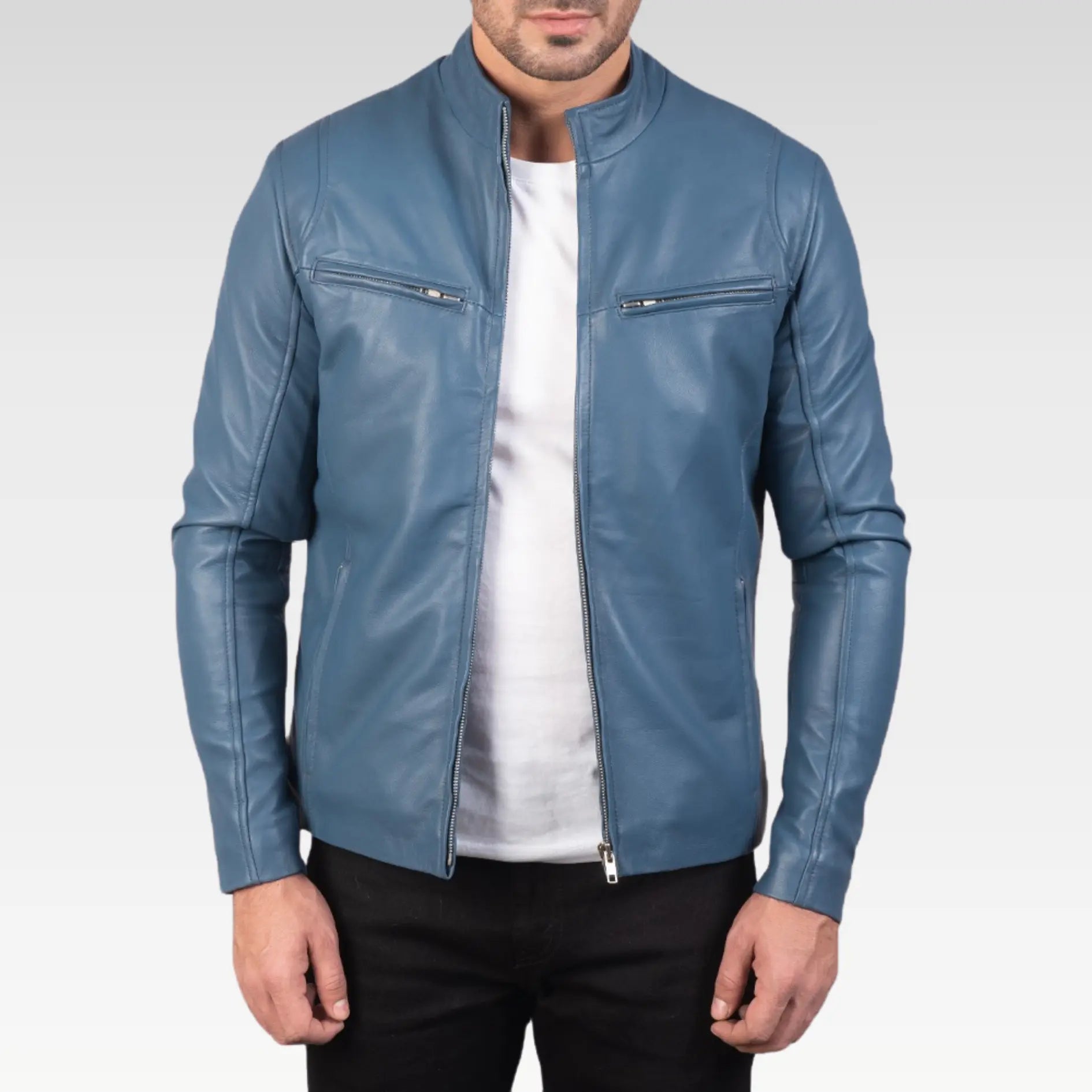 Mens Ionic Blue Leather Biker Jacket