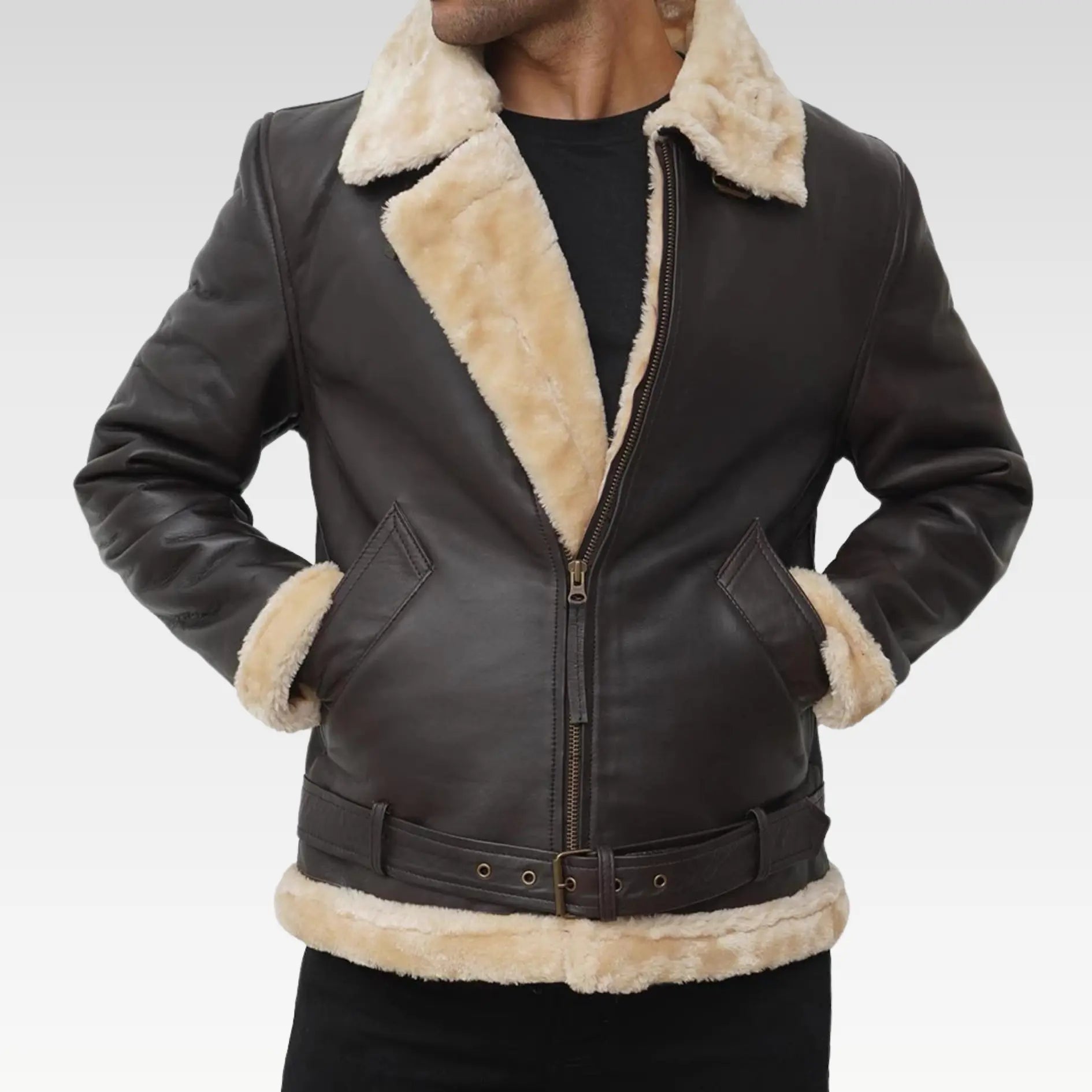 Mens Real Leather Dark Brown Shearling Bomber Jacket