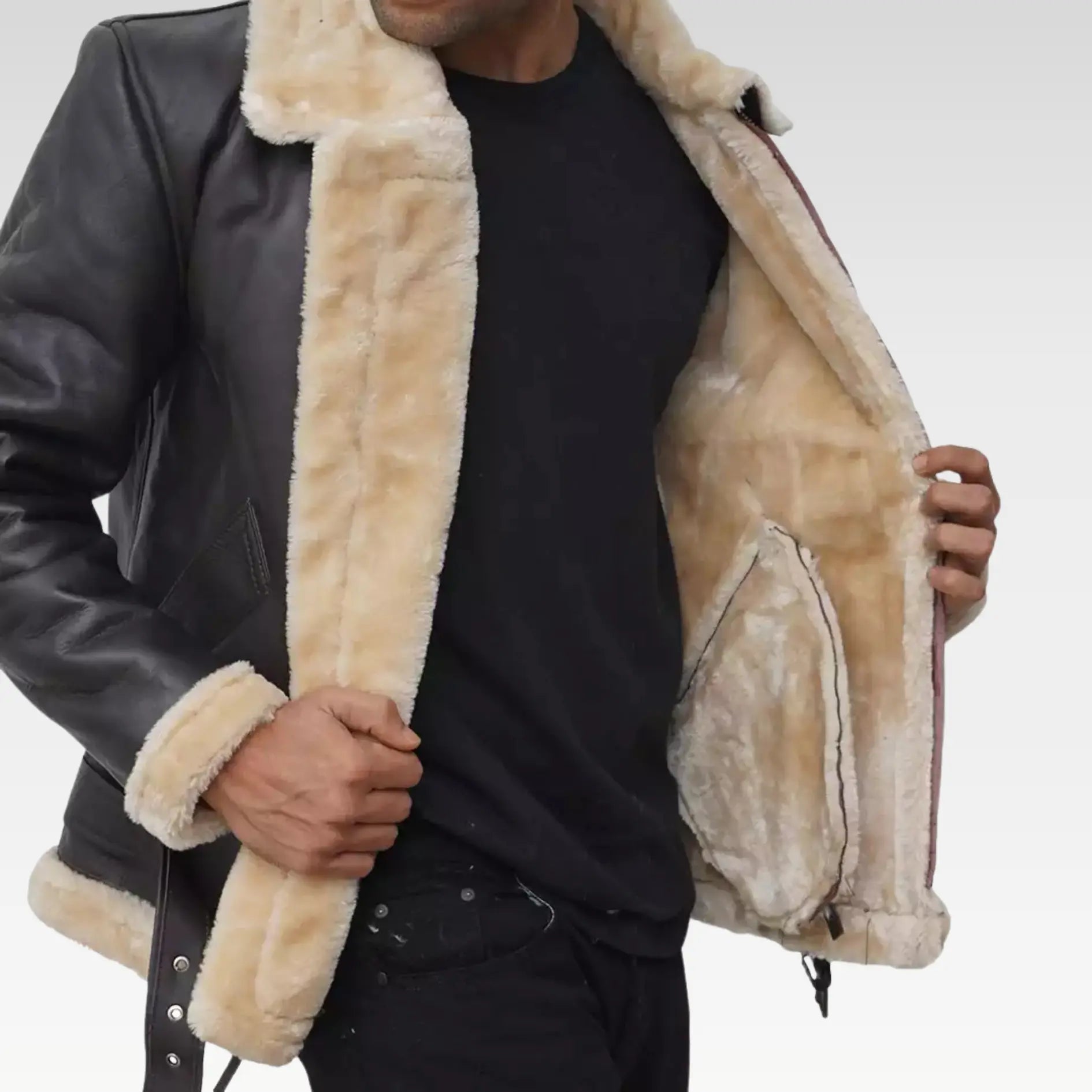 Mens Real Leather Dark Brown Shearling Bomber Jacket