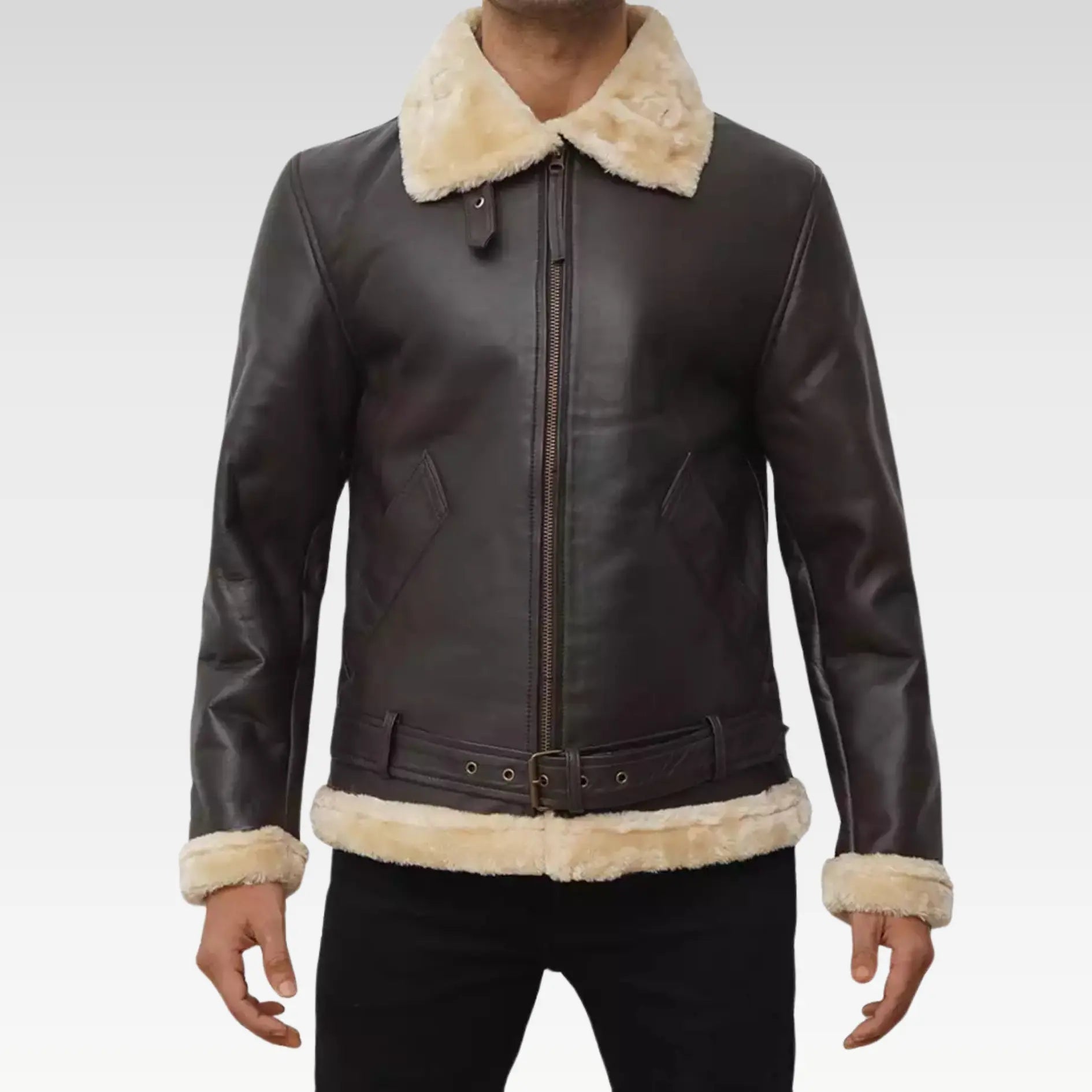 Mens Real Leather Dark Brown Shearling Bomber Jacket