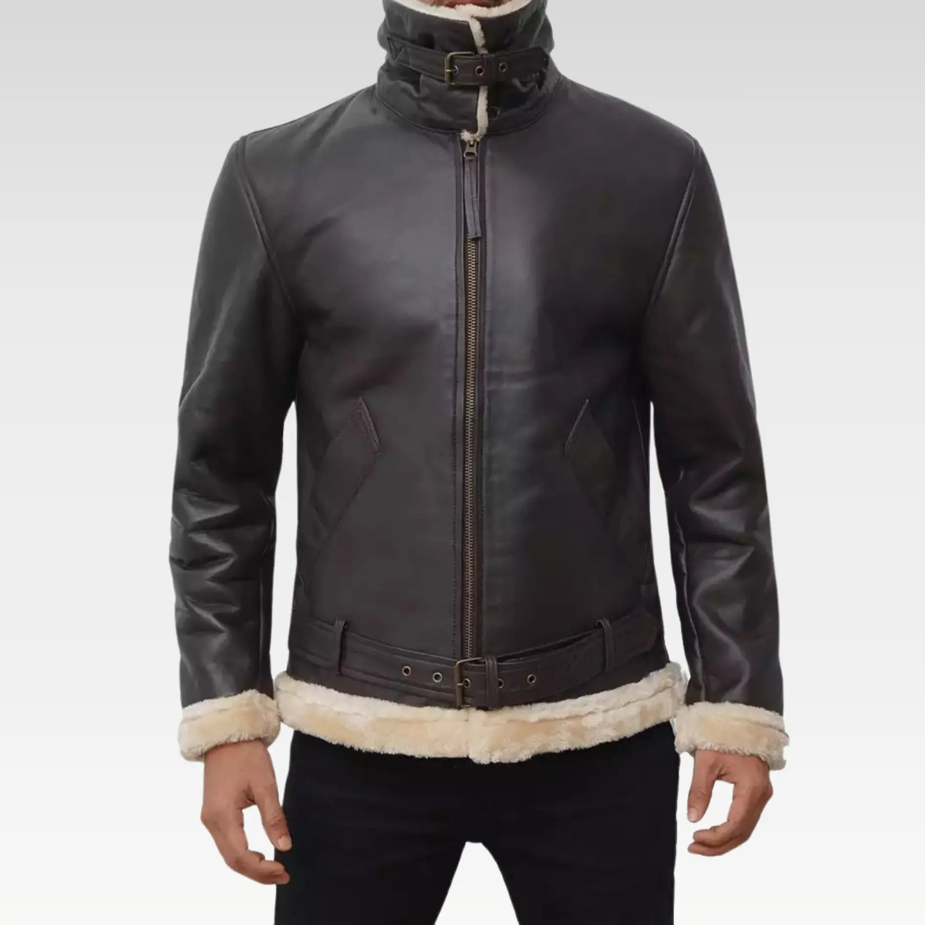 Mens Real Leather Dark Brown Shearling Bomber Jacket