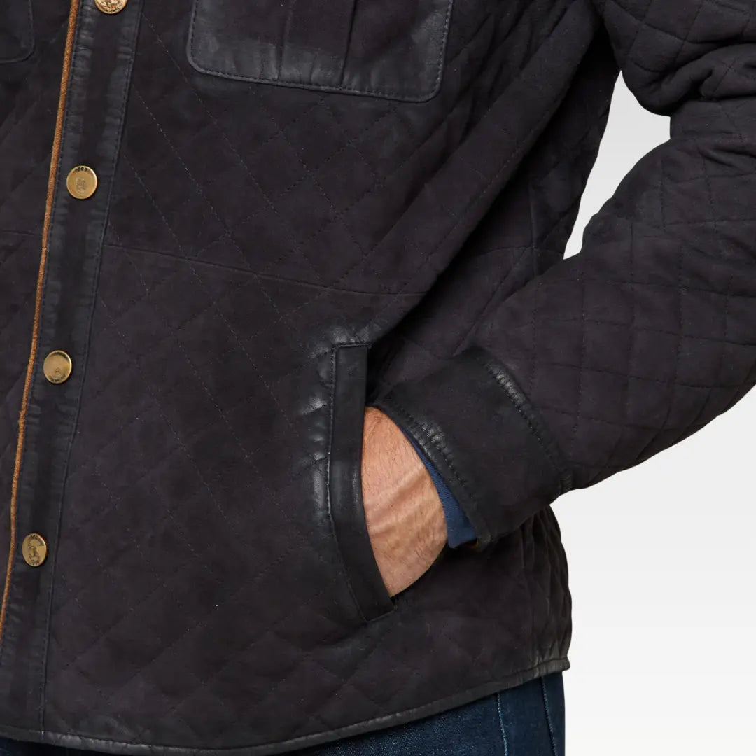 Close-up view of the Monarch Waxed Suede Jacket showing waxed suede texture, hand-warmer pocket, and brass button detailing.