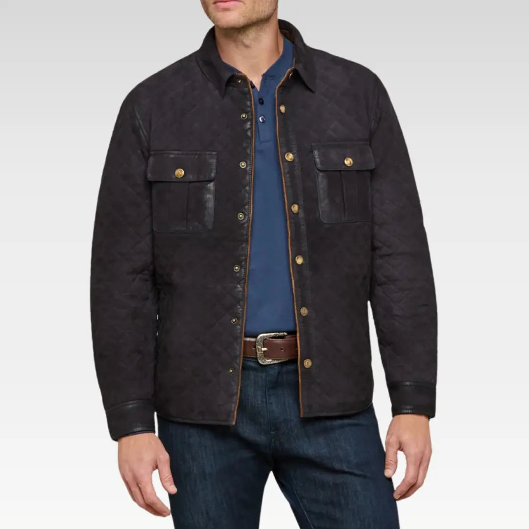 Torso-level front shot of the Monarch Waxed Suede Jacket showing quilted construction, dual pockets, and button closure.