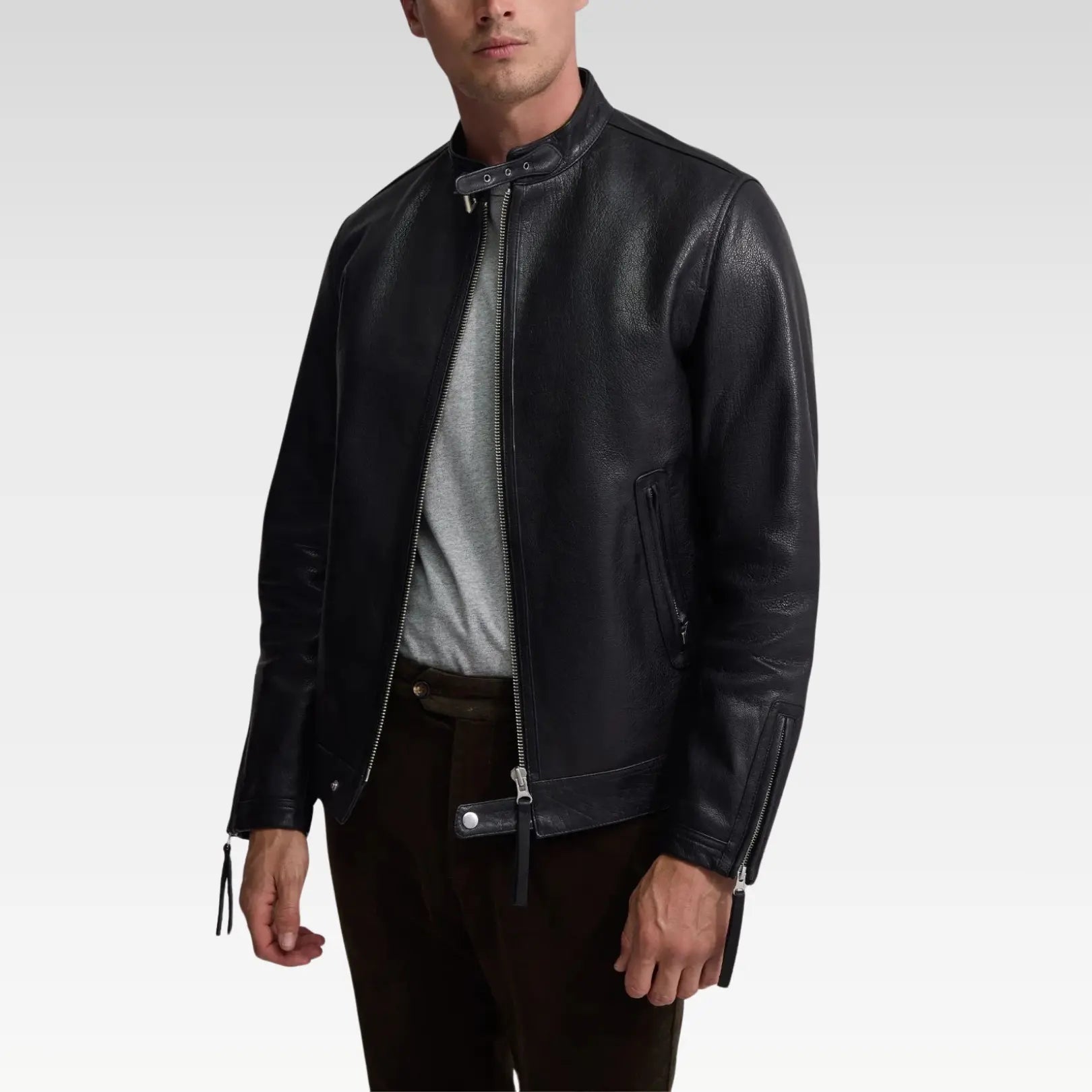 Slim fit Oryn biker leather jacket fully zipped, crafted from premium black leather with modern tailored silhouette.