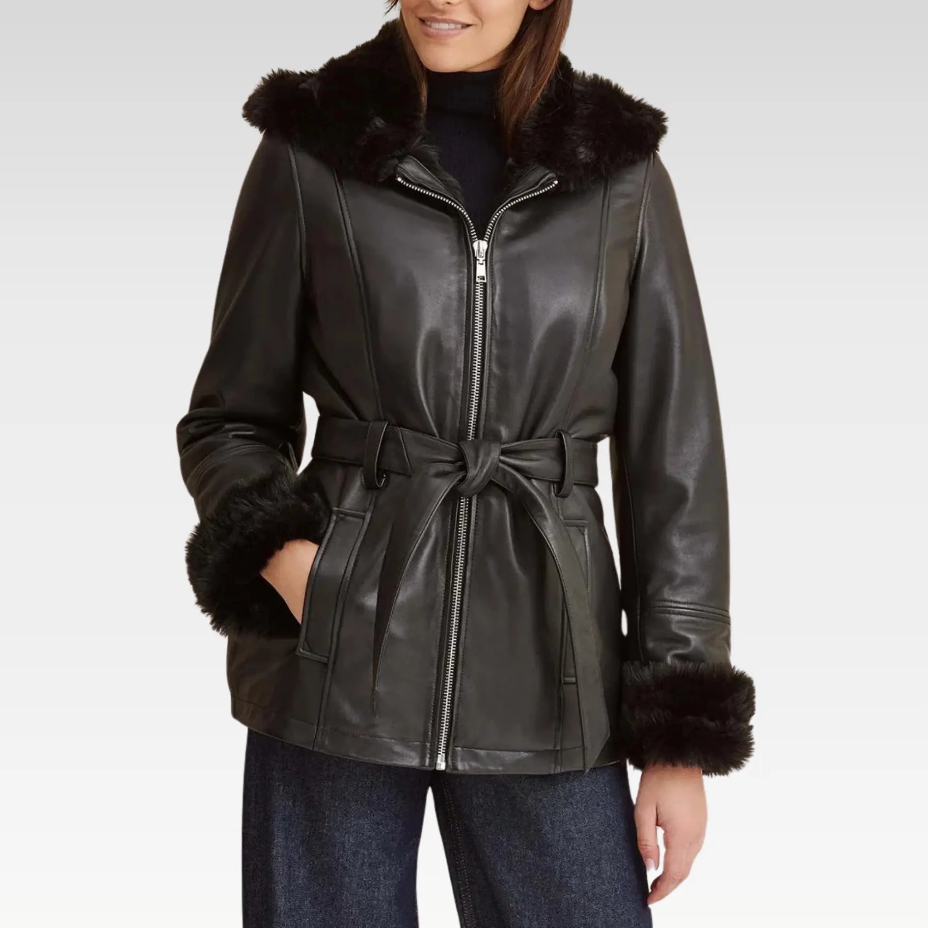 Premium Black Faux Fur Hooded Belted Leather Jacket