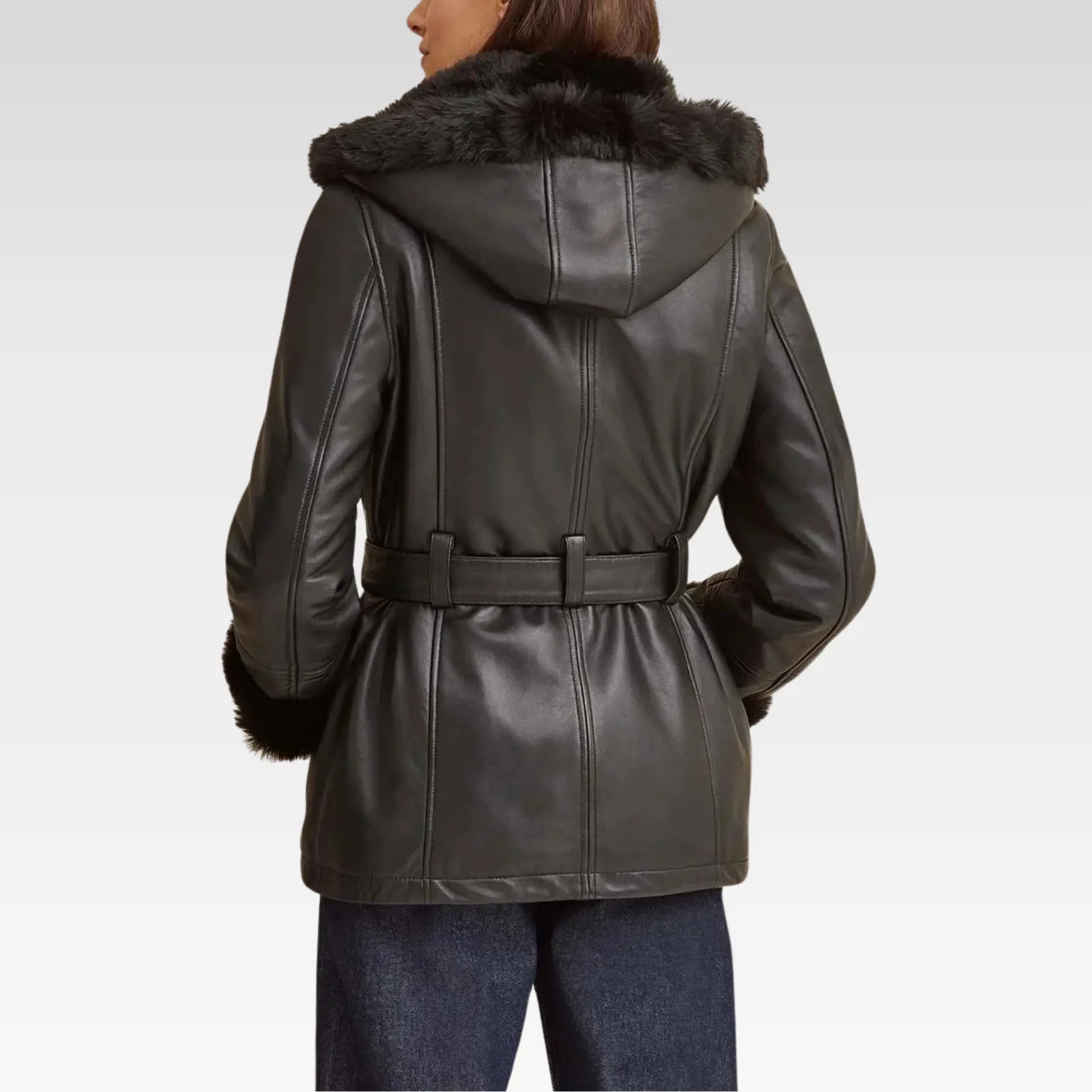 Premium Black Faux Fur Hooded Belted Leather Jacket