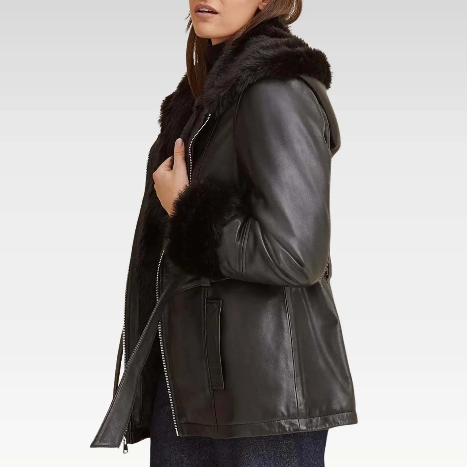 Premium Black Faux Fur Hooded Belted Leather Jacket