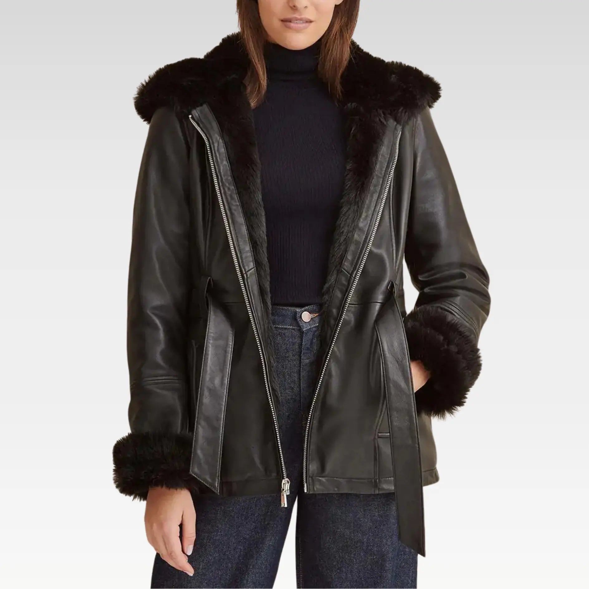 Premium Black Faux Fur Hooded Belted Leather Jacket
