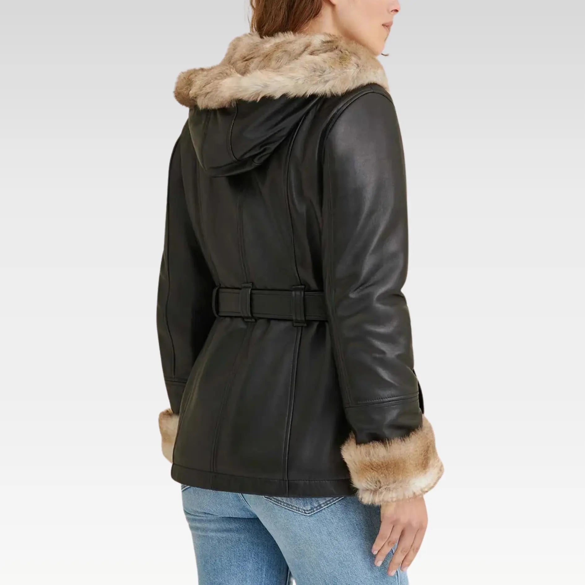 Premium Black Faux Fur Hooded Belted Leather Jacket