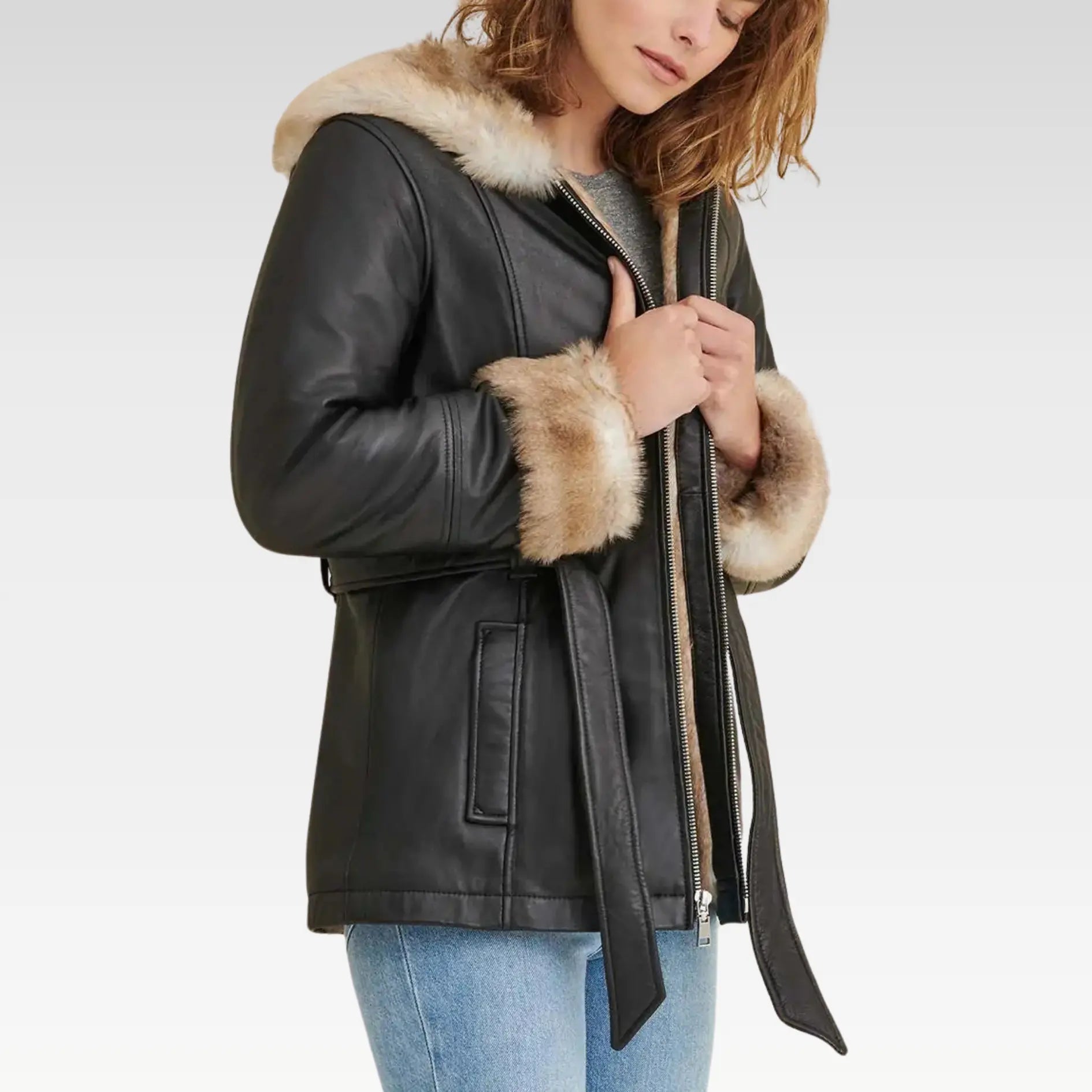 Premium Black Faux Fur Hooded Belted Leather Jacket
