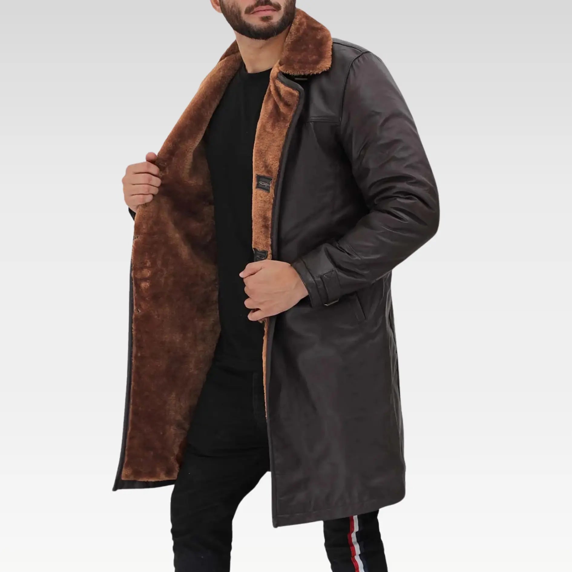 Premium Dark Brown Mens Length Shearling Coat