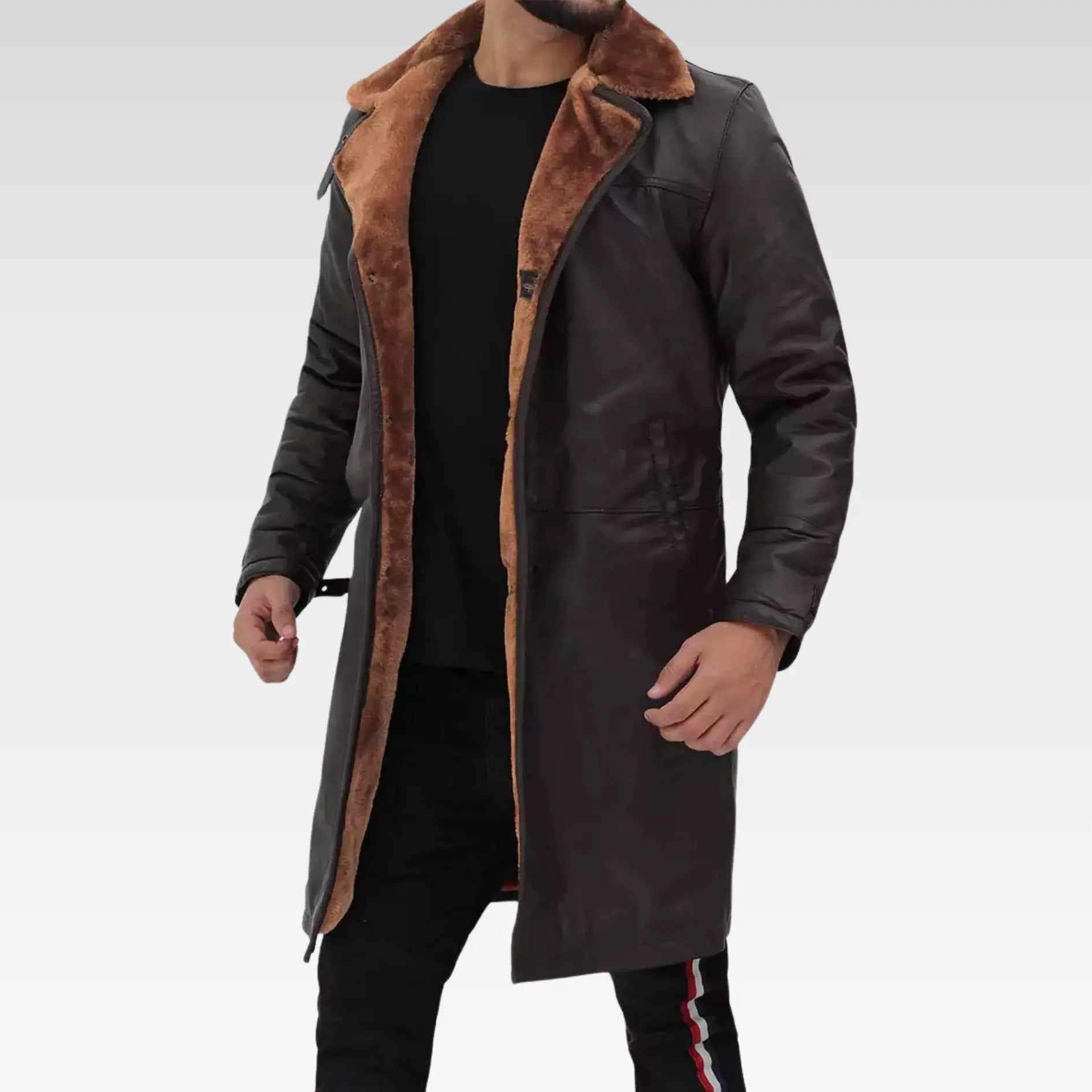 Premium Dark Brown Mens Length Shearling Coat