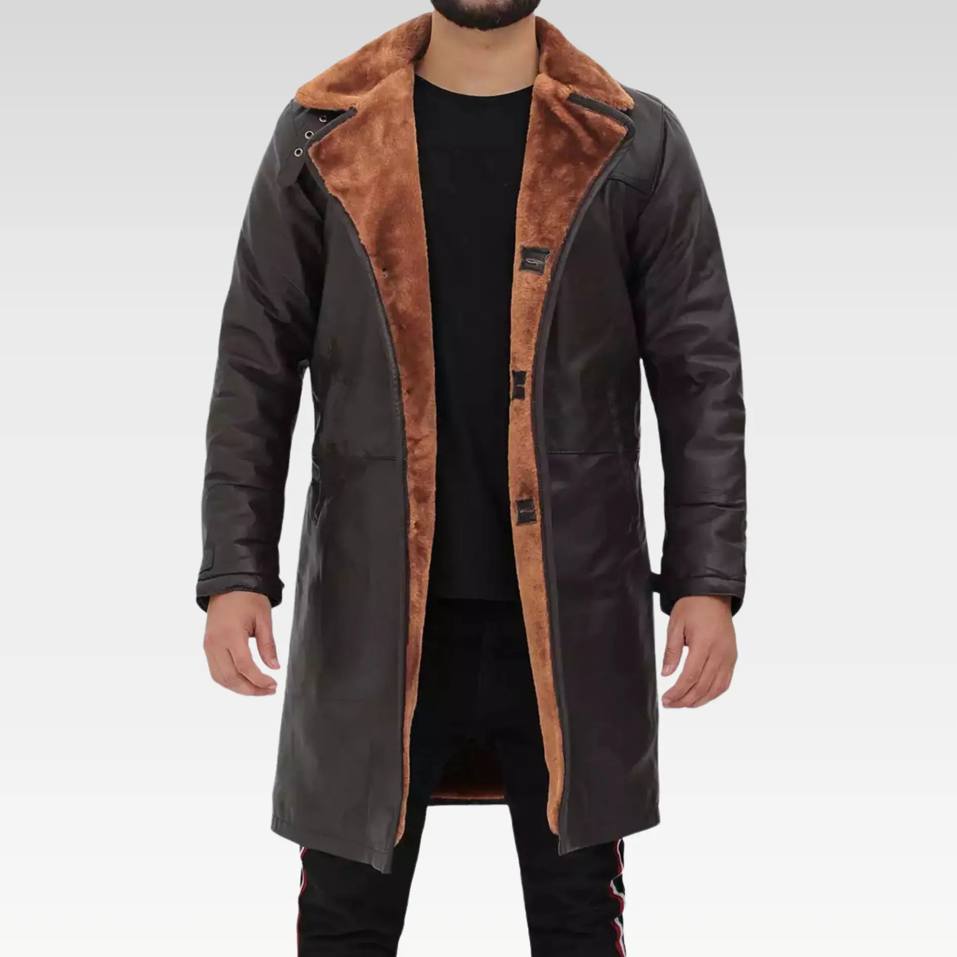 Premium Dark Brown Mens Length Shearling Coat