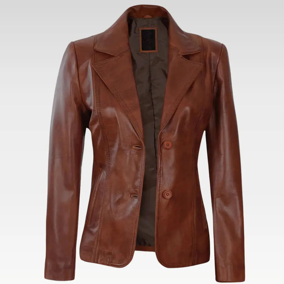 Premium Two Button Cognac Leather Blazer for Women