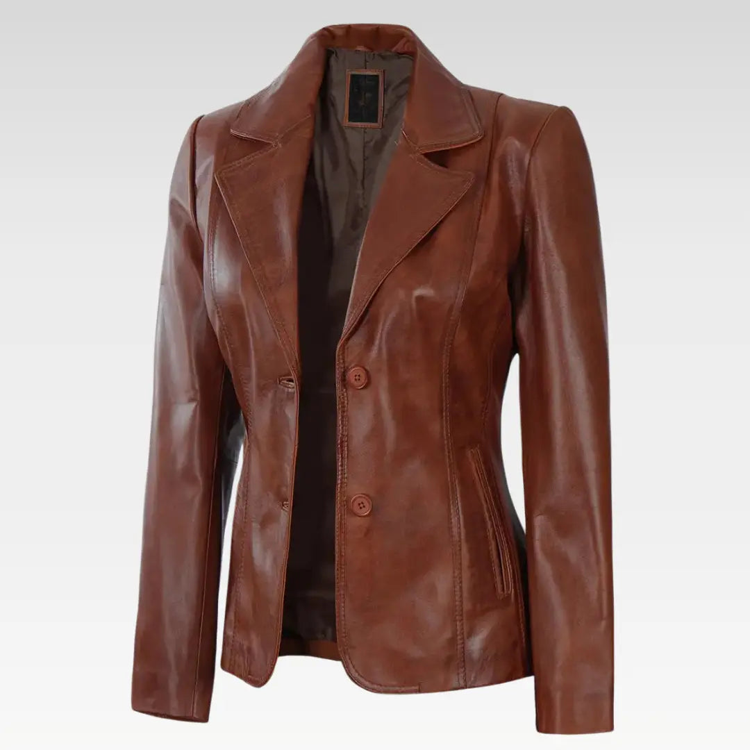 Premium Two Button Cognac Leather Blazer for Women
