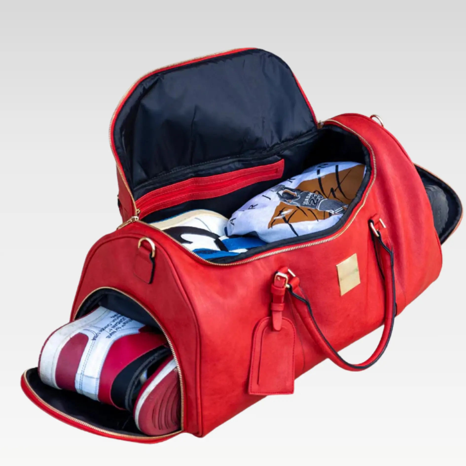 Red Tumbled Leather Duffle Bag