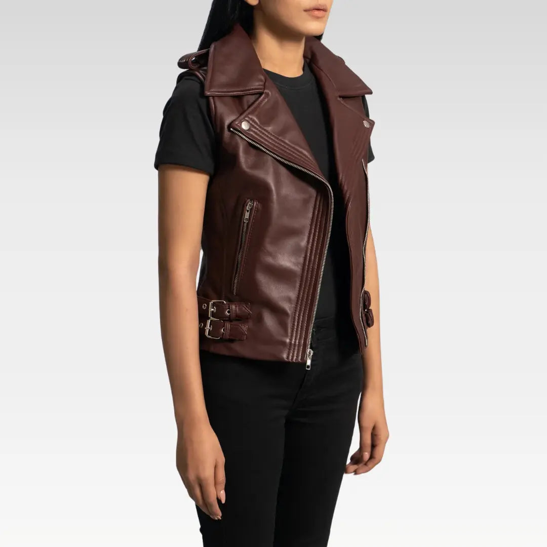 Side view of woman wearing maroon sheepskin leather vest with structured silhouette