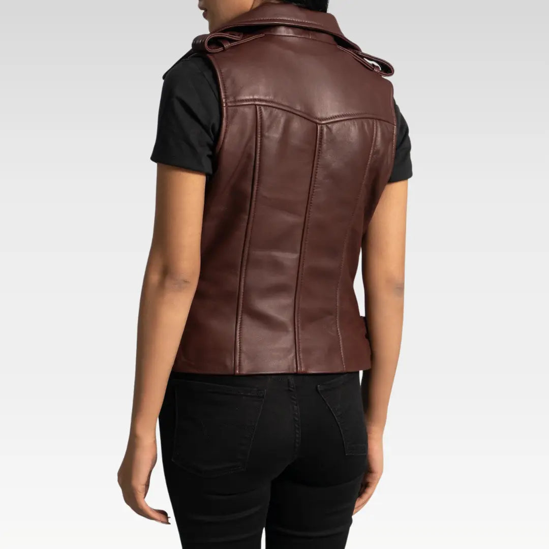 Back view of model wearing maroon biker vest, showing paneling and fit