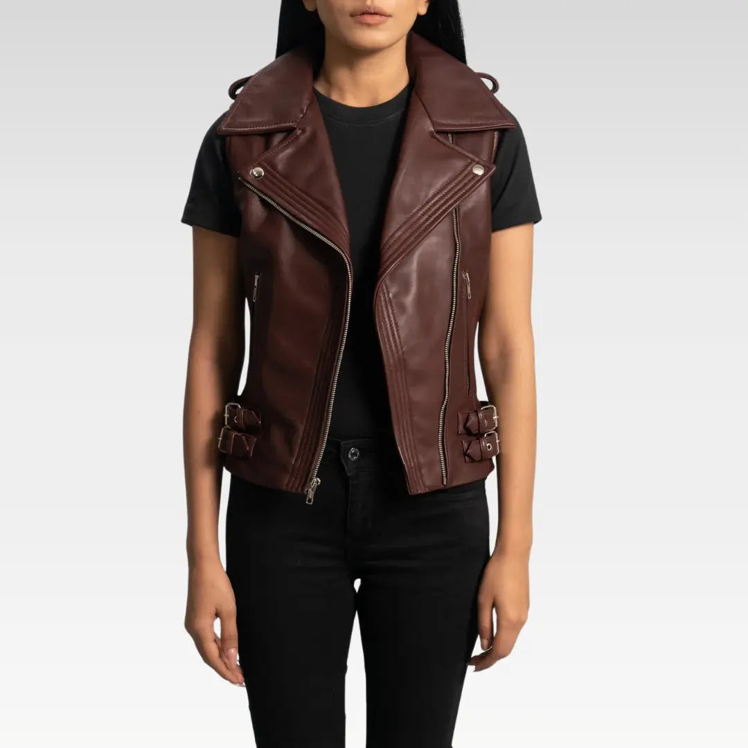 Maroon sheepskin leather biker vest shown front-facing, highlighting notch collar and zip details