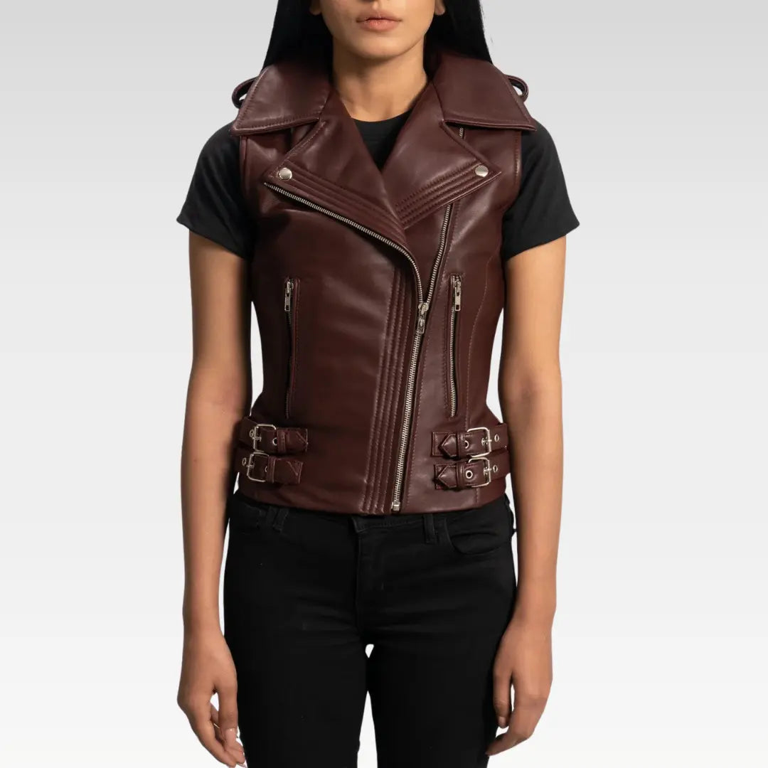Woman wearing maroon sheepskin leather biker vest with zipper closure and notch collar, front view