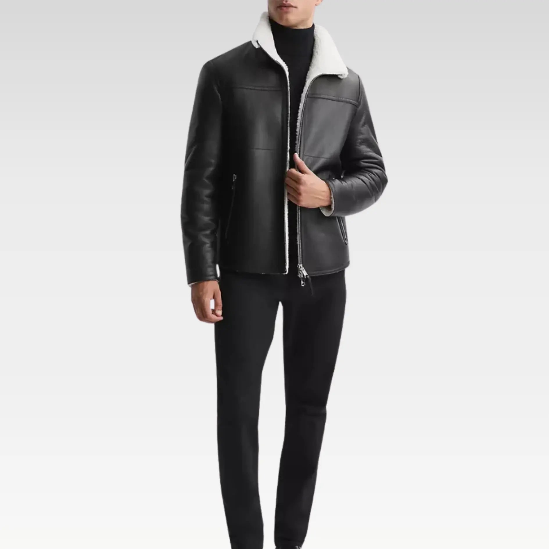 Richard Black Trimmed Shearling Leather Jacket