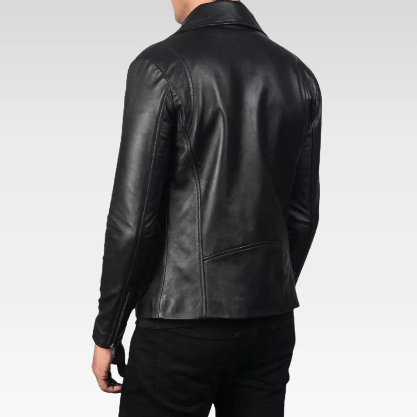 Back view of the Riven black leather biker jacket, showcasing its tailored slim silhouette and smooth semi-aniline finish, perfect for a modern and confident look